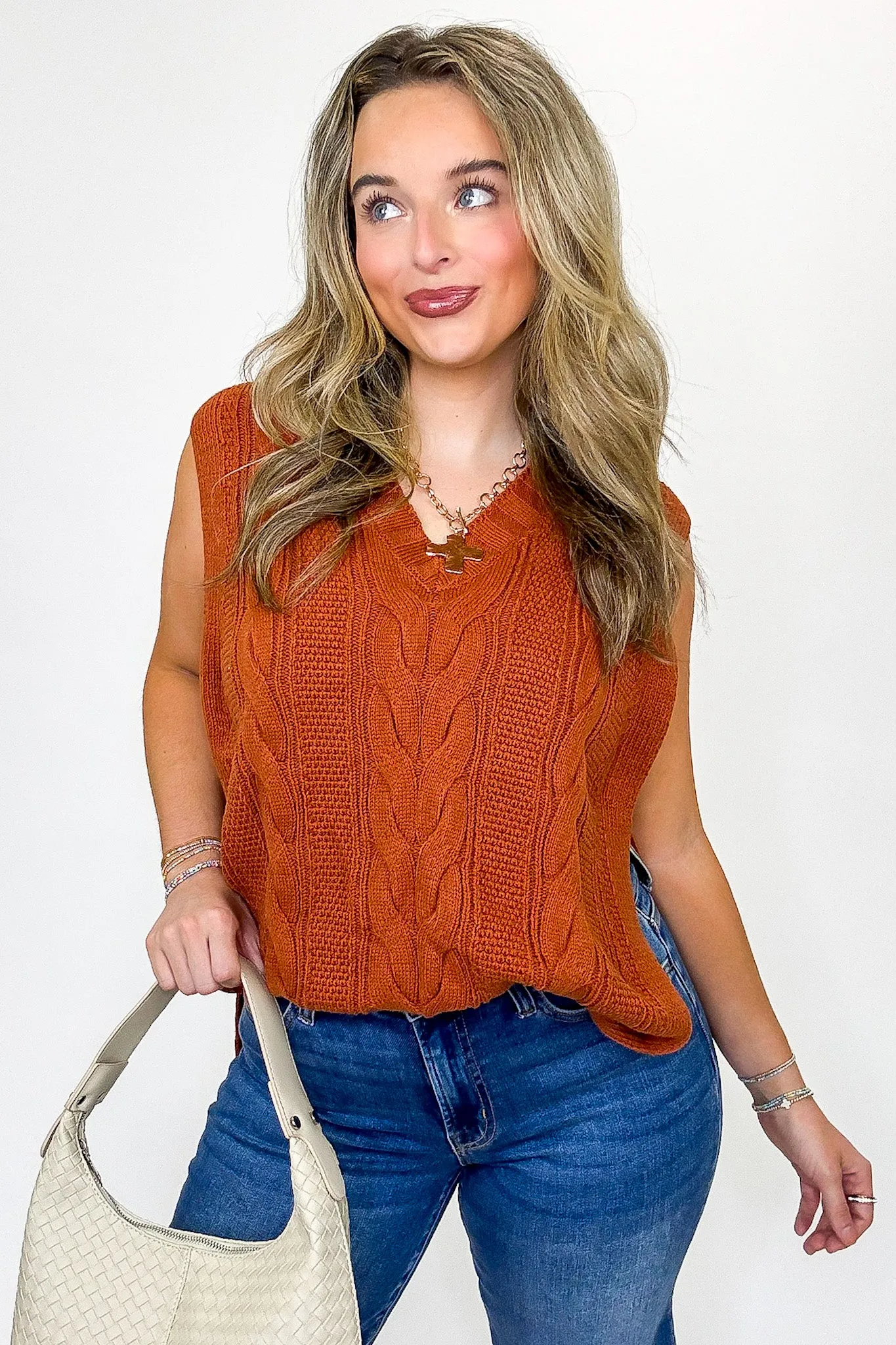 Cable Lane V-Neck Drop Shoulder Sweater Vest sold by Madison + Mallory product image thumbnail 3