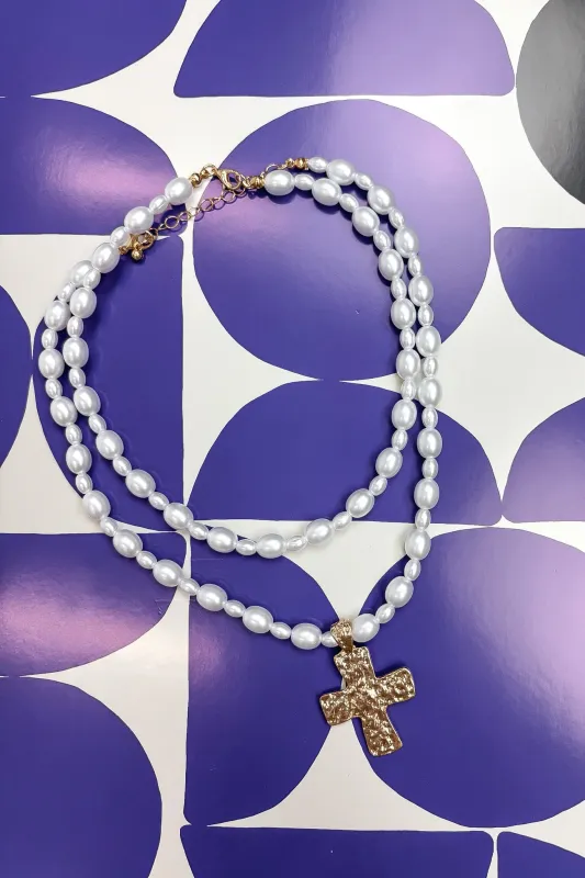 Sacred Elegance Lustrous Pearl Beaded Layered Cross Necklace made by Wall to Wall