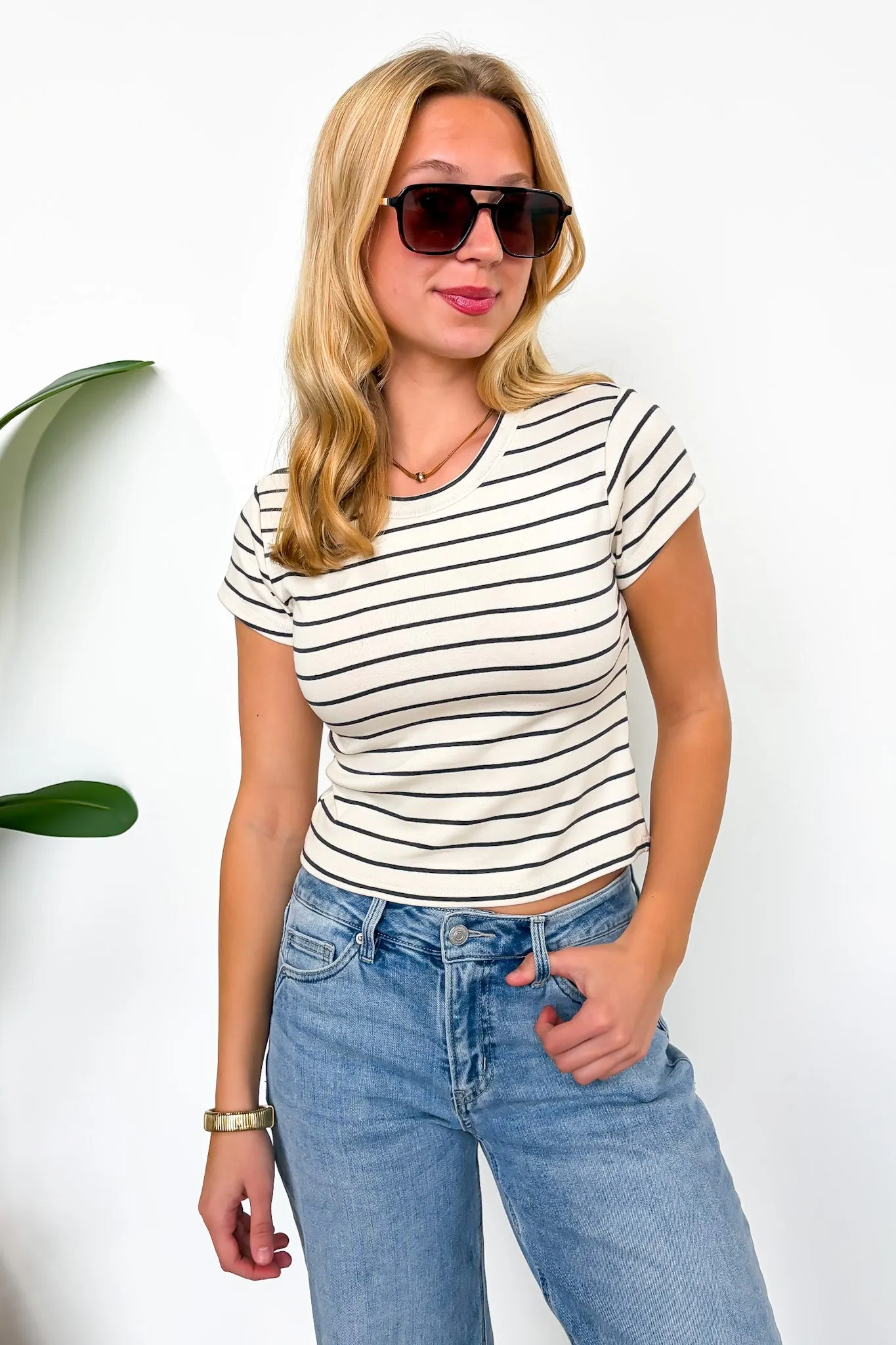 Linear Luxe Short Sleeve Striped Top sold by Madison + Mallory