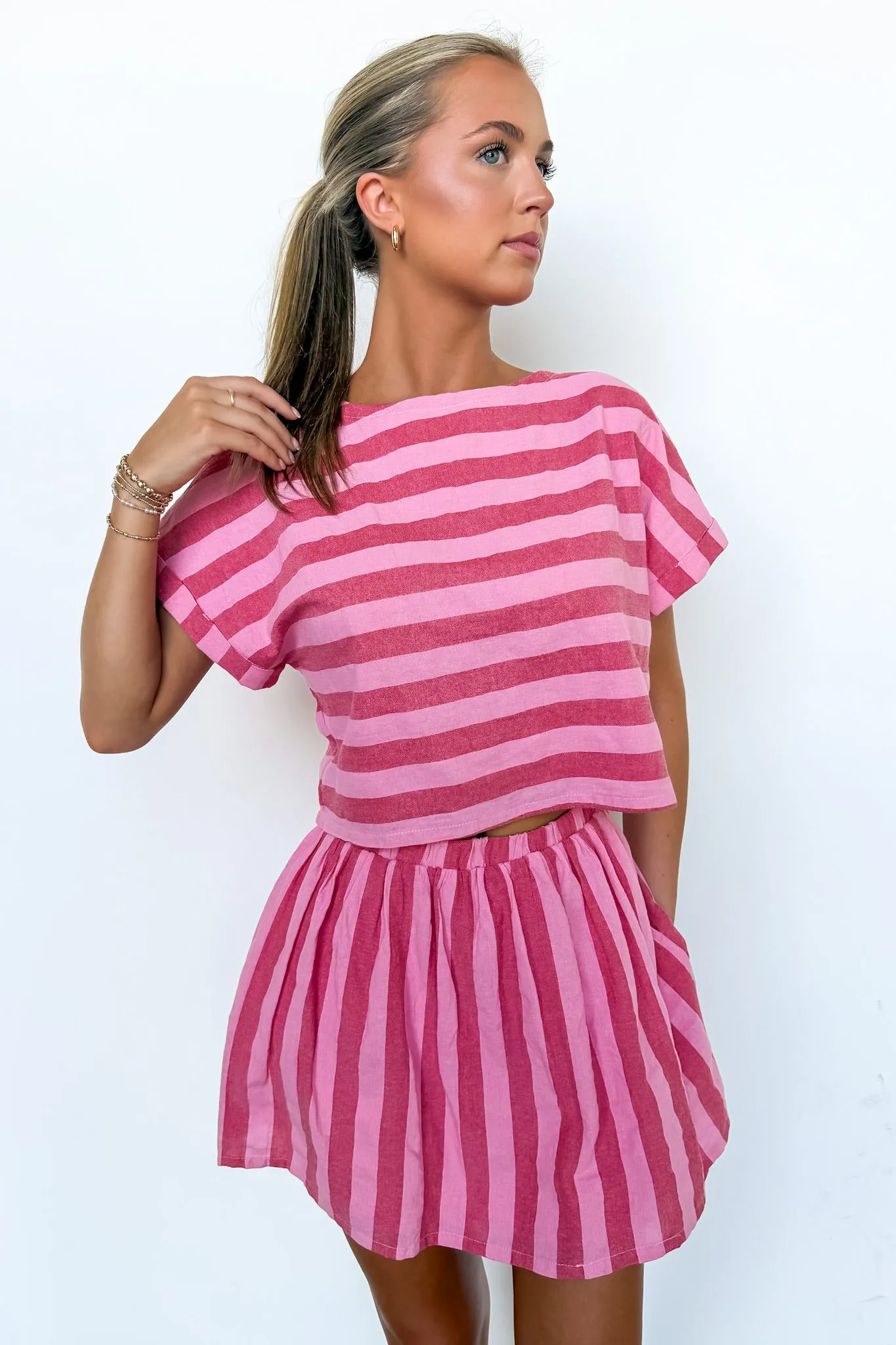 The Flirty Line Shirred Mini Skirt and Drop Shoulder Top sold by Madison + Mallory product image thumbnail 4