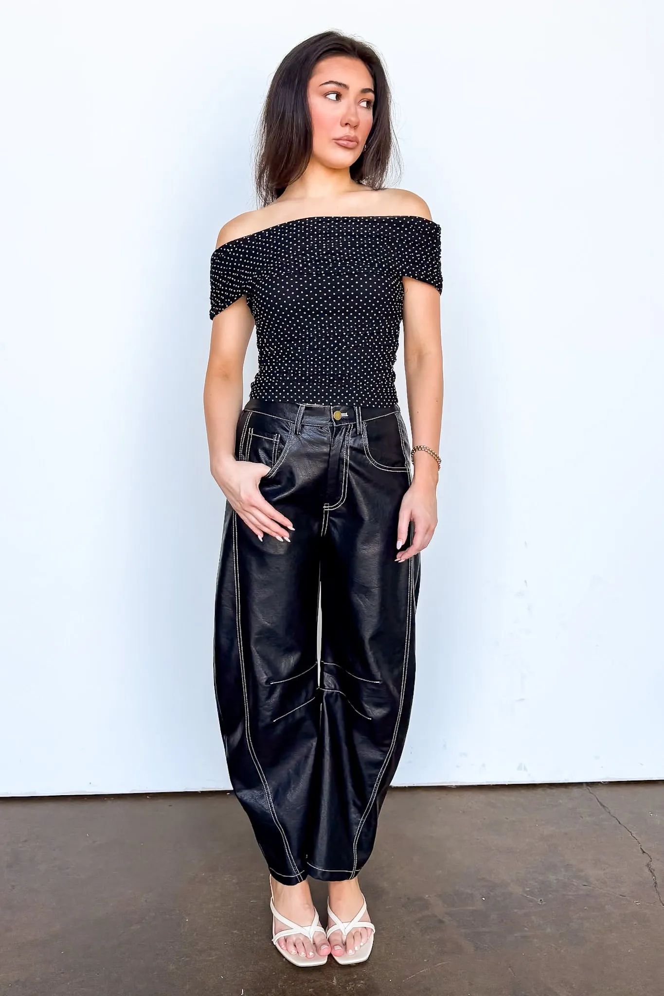 Dark Mode Faux Leather Barrel Pants sold by Madison + Mallory product image thumbnail 3