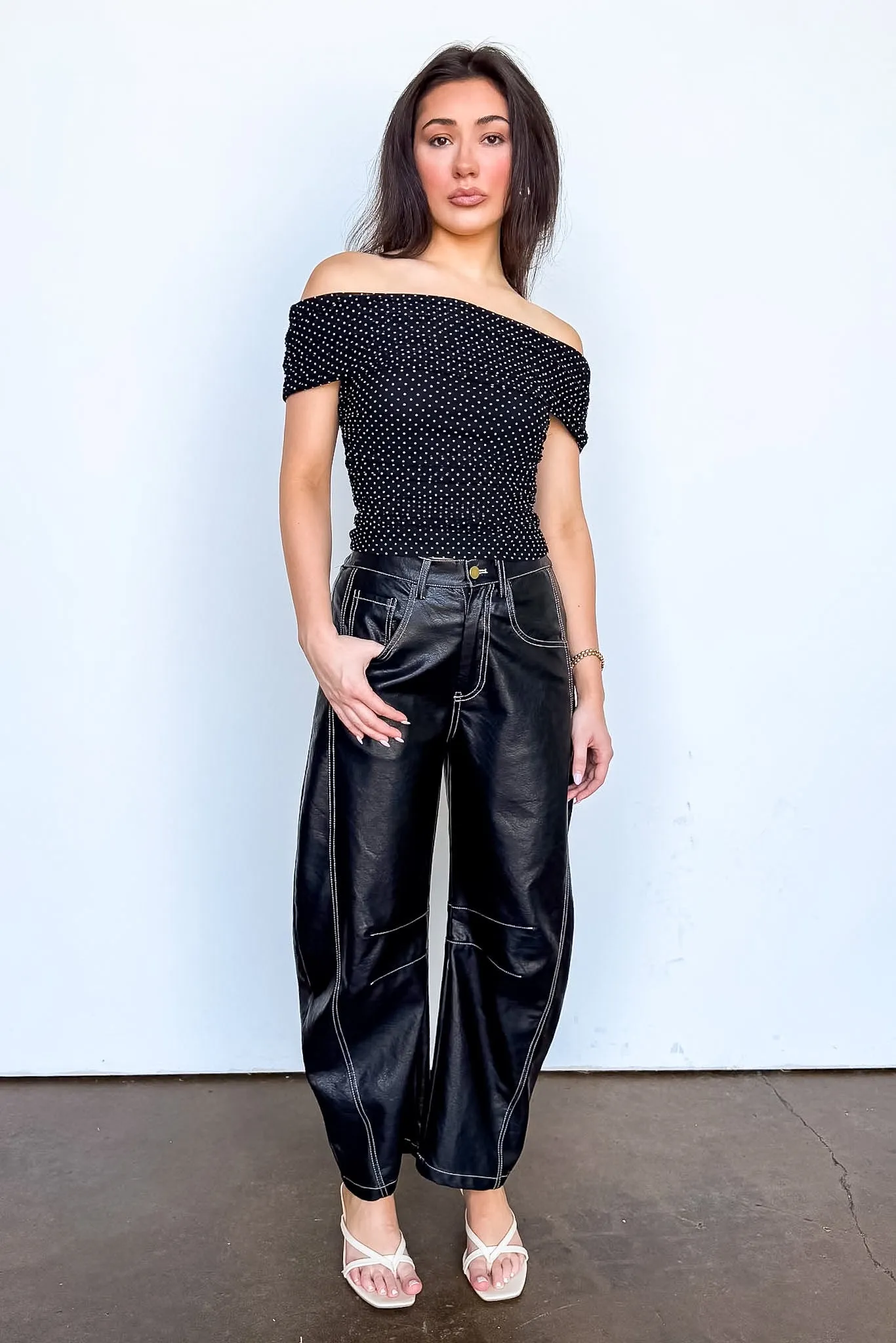 Dark Mode Faux Leather Barrel Pants sold by Madison + Mallory product image thumbnail 2