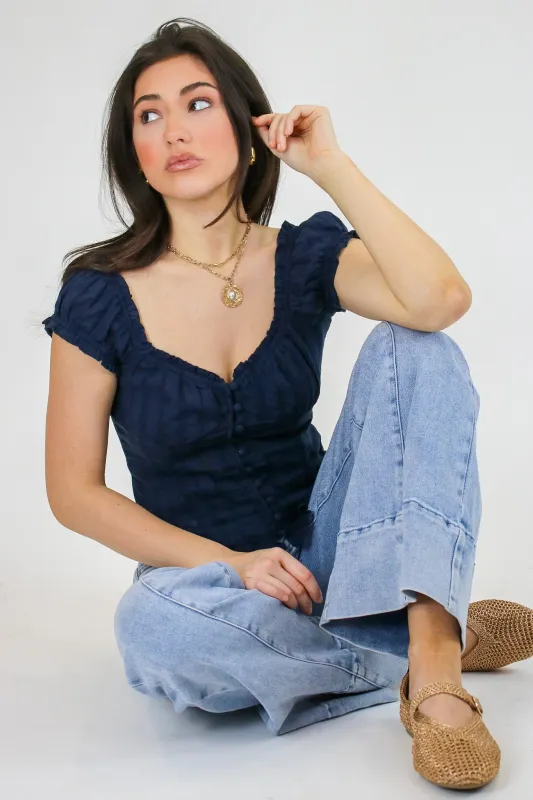 Stripe & Frill Ruffle Trim Button Top made by Blu Pepper