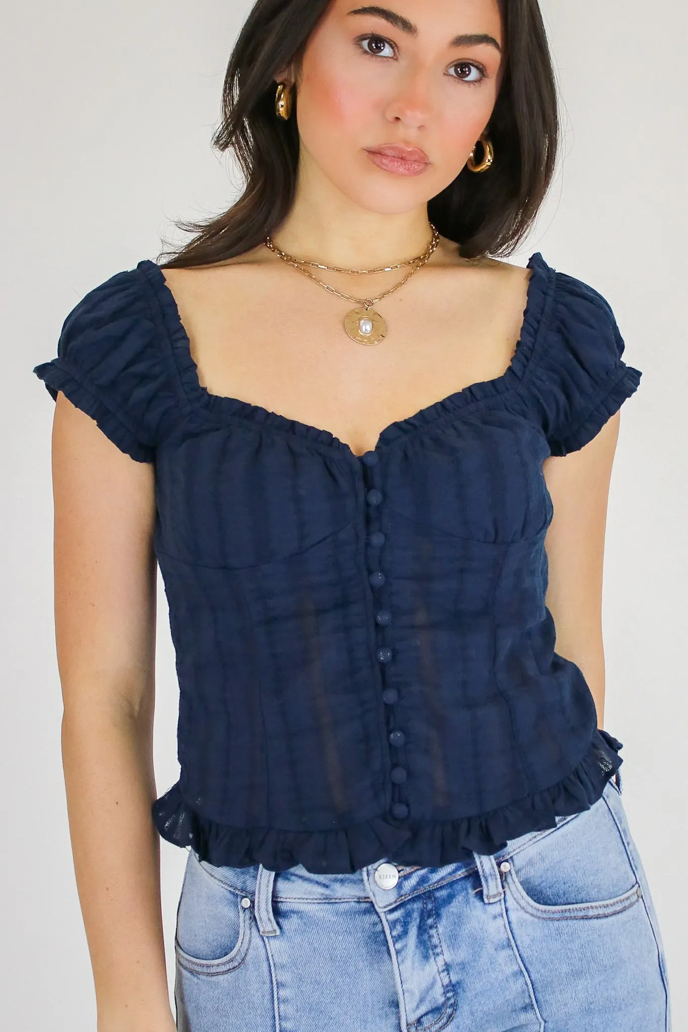 Stripe & Frill Ruffle Trim Button Top sold by Madison + Mallory product image thumbnail 2