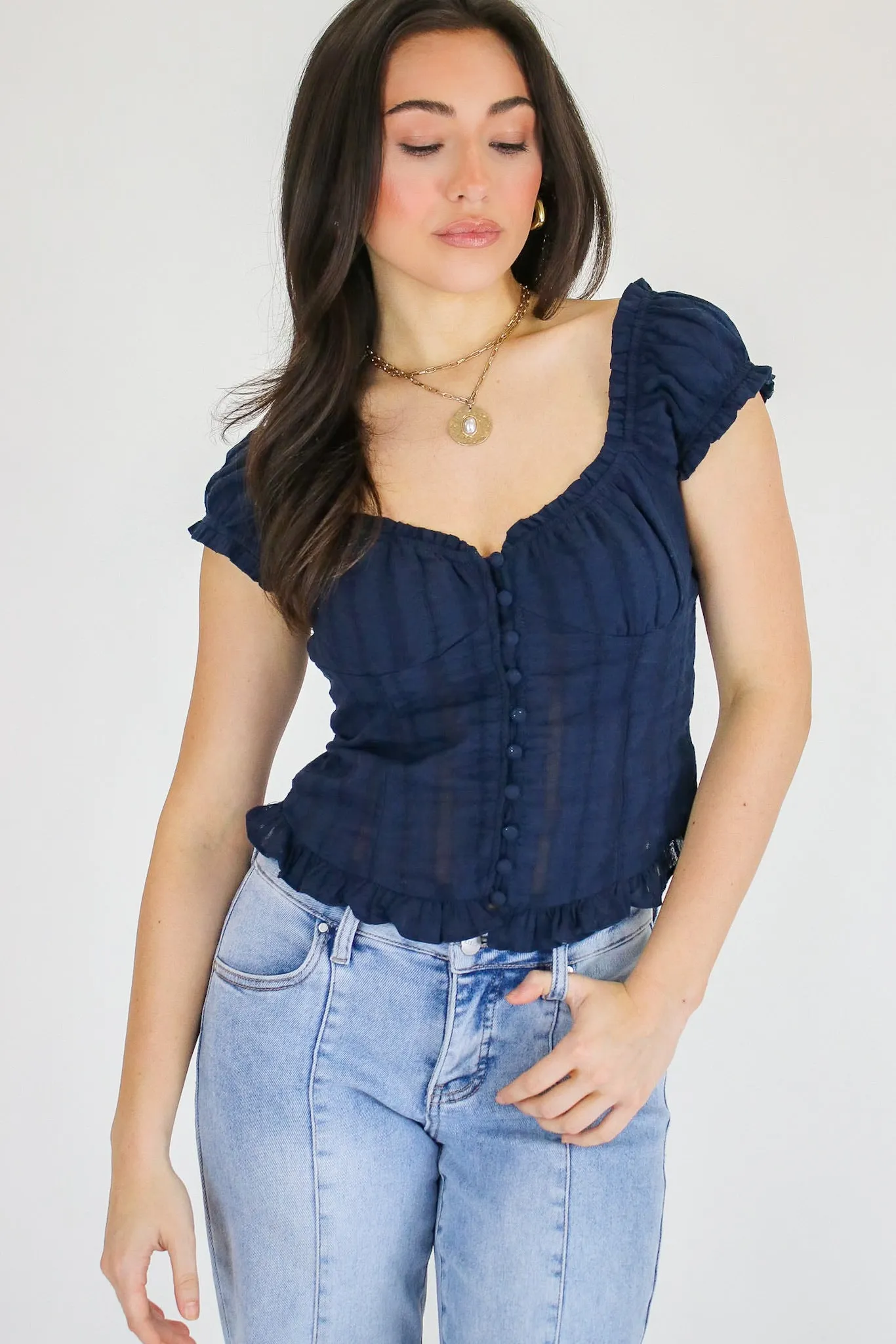 Stripe & Frill Ruffle Trim Button Top sold by Madison + Mallory product image thumbnail 4