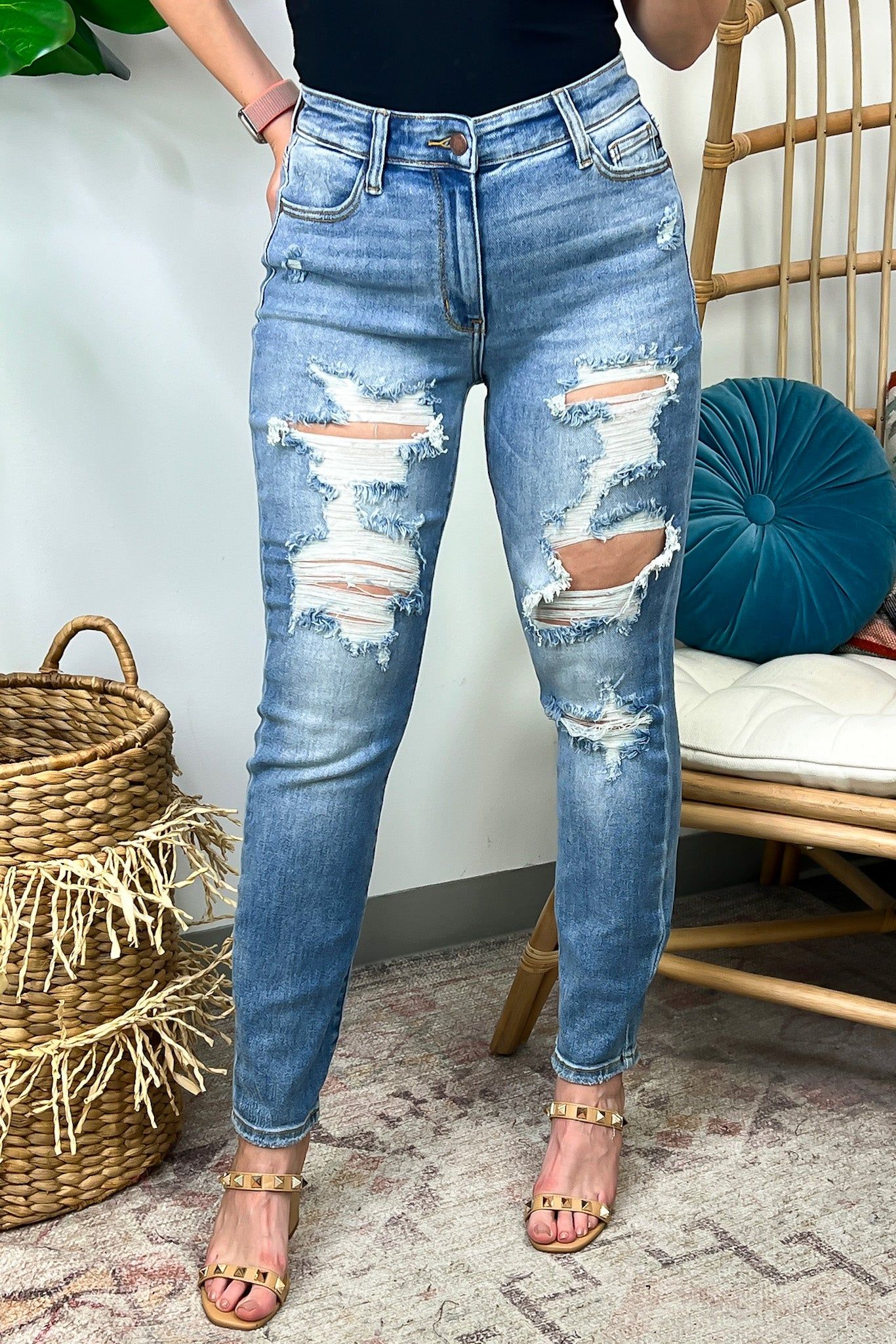 Calibri High Rise Distressed Boyfriend Jeans - JUDY BLUE sold by Madison + Mallory product image thumbnail 4