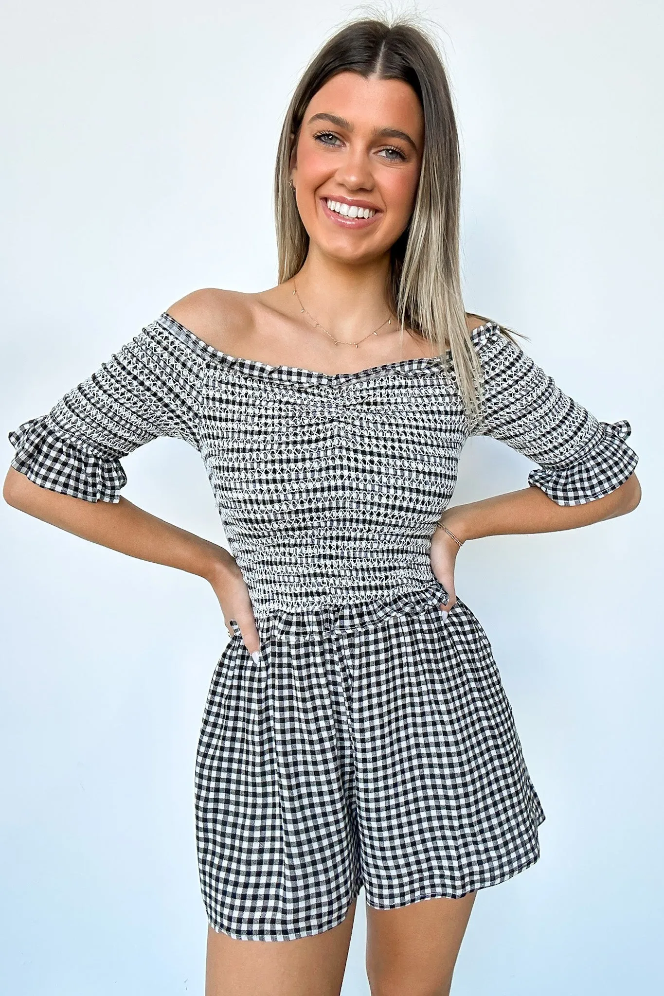 Dylan Off Shoulder Plaid Smocked Romper sold by Madison + Mallory product image thumbnail 3