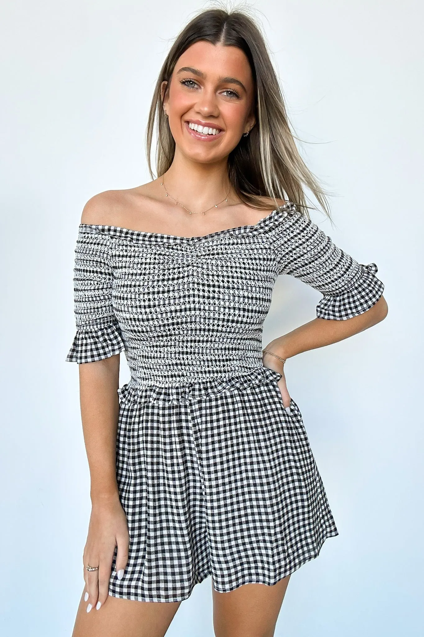 Dylan Off Shoulder Plaid Smocked Romper sold by Madison + Mallory product image thumbnail 5
