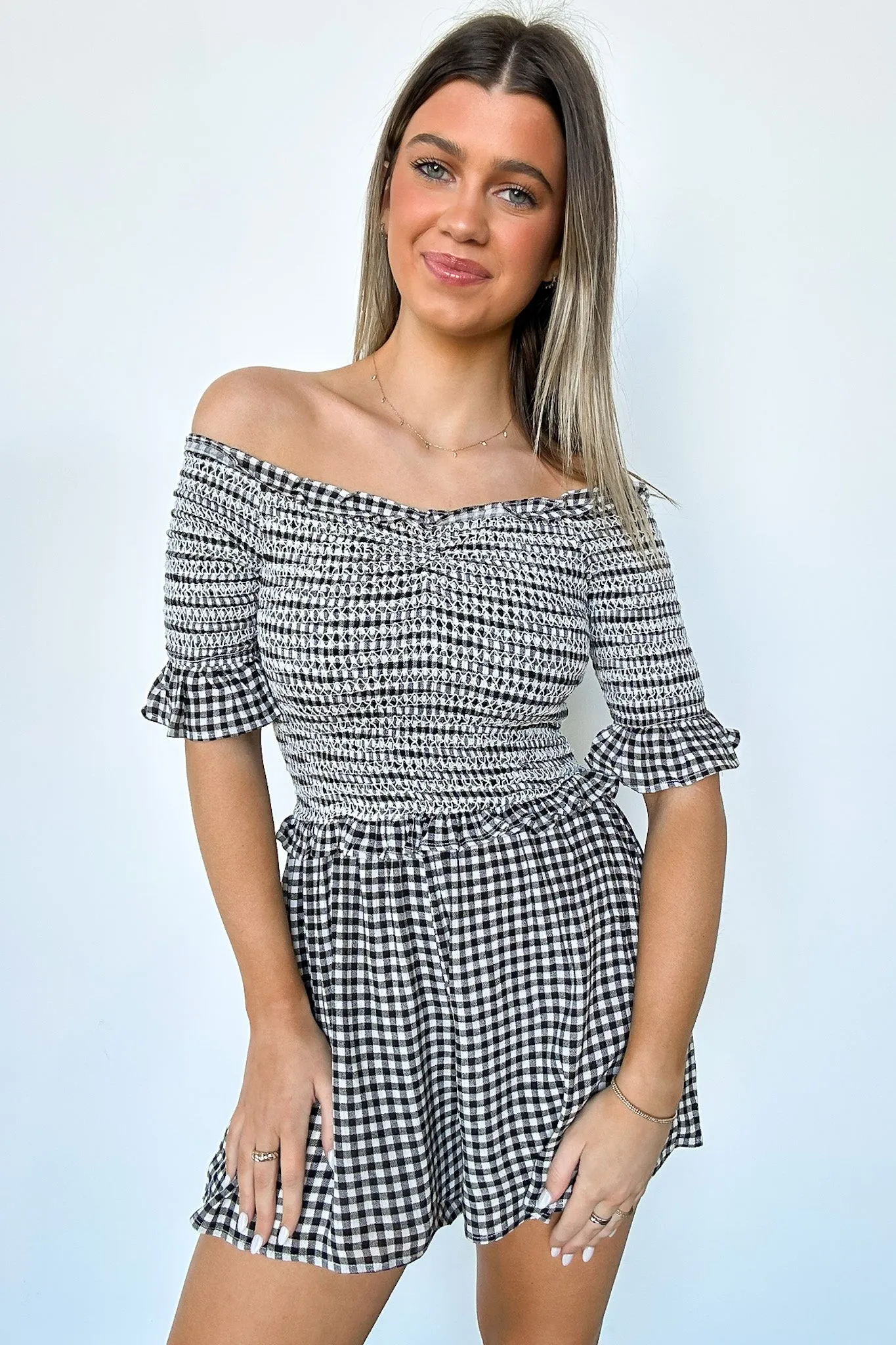 Dylan Off Shoulder Plaid Smocked Romper sold by Madison + Mallory product image thumbnail 2