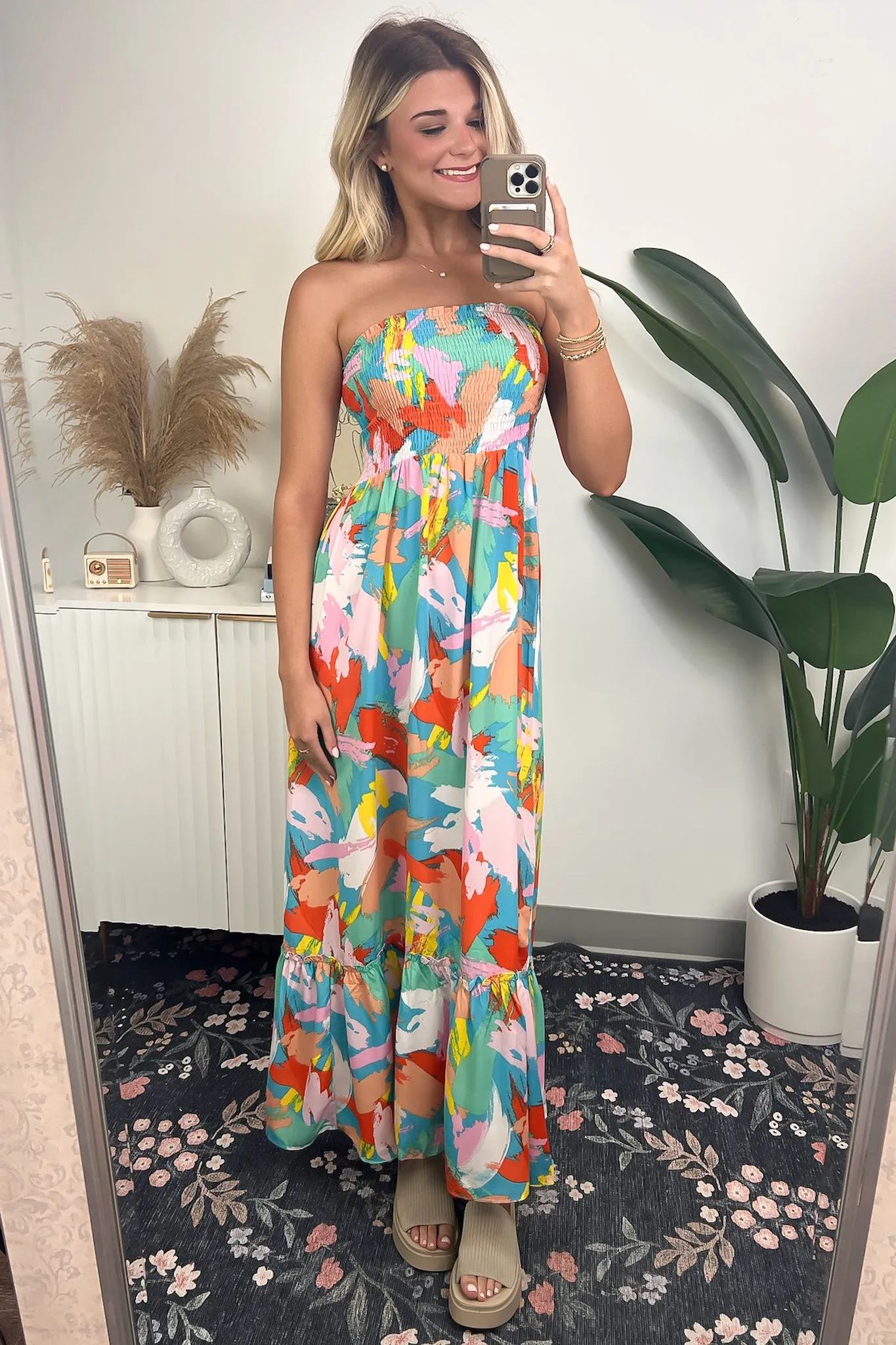 Vibrant Getaway Abstract Maxi Dress sold by Madison + Mallory