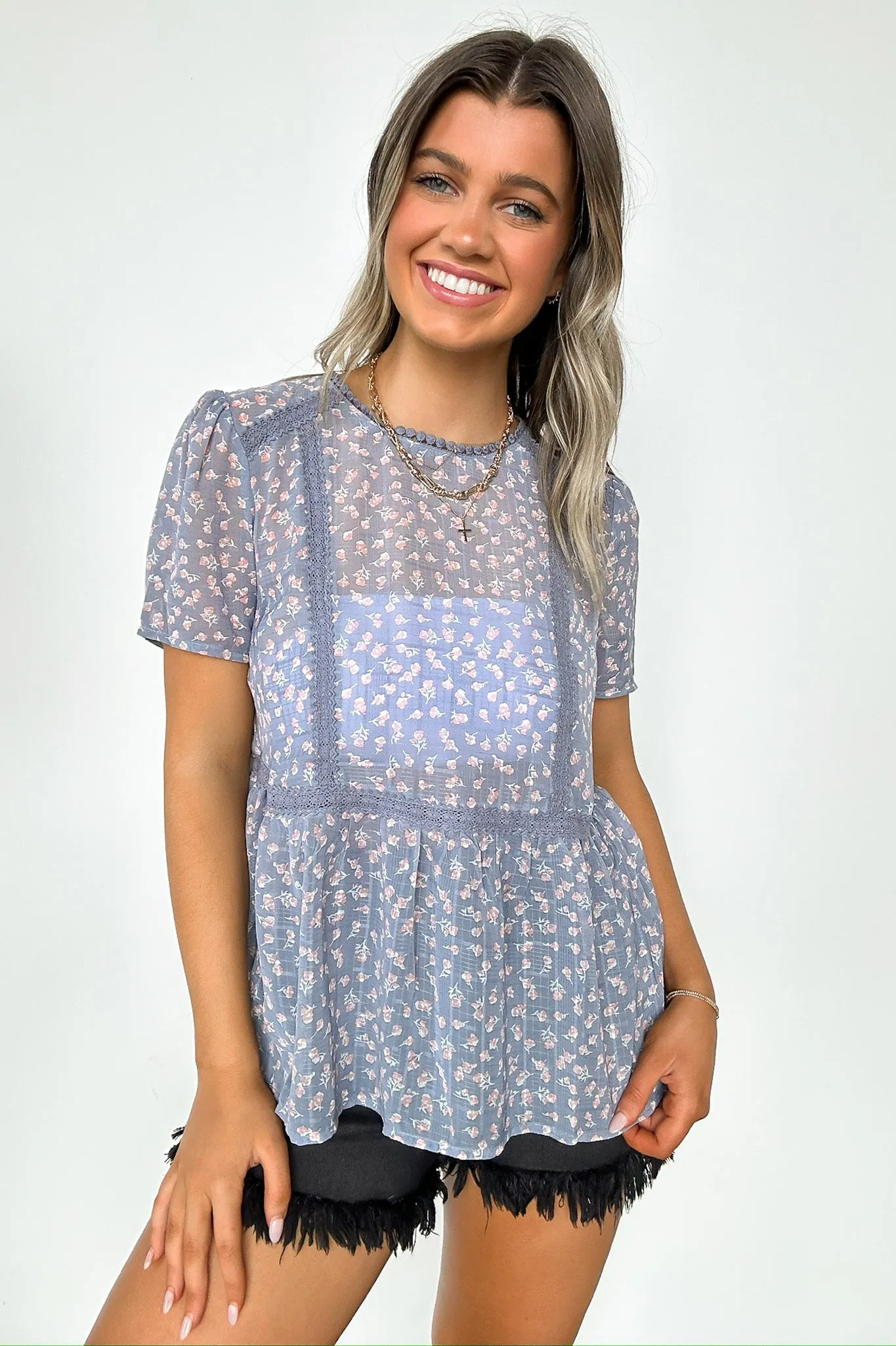 Blissful Ideal Floral Lace Trim Ruffle Peplum Top - FINAL SALE sold by Madison + Mallory