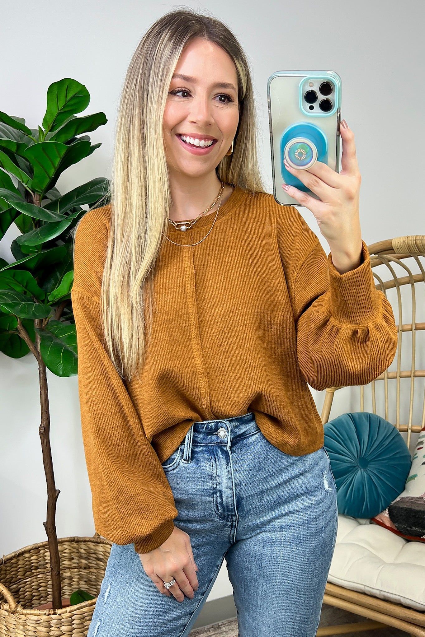 Ailea Balloon Sleeve Front Seam Knit Top sold by Madison + Mallory