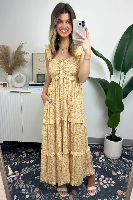 Sunshine Fields Ditsy Floral Tiered Midi Dress sold by Madison + Mallory