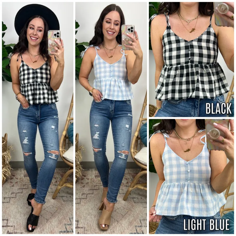 Sunniva Gingham Peplum Tie Strap Tank Top - FINAL SALE made by Blu Pepper