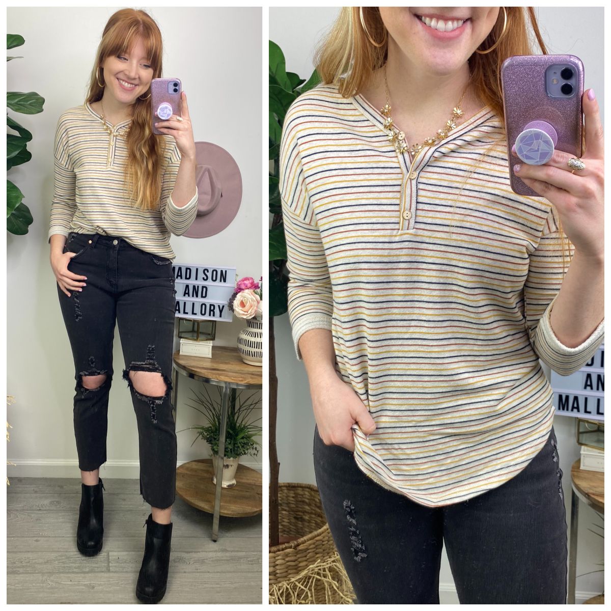 Ilana Striped Button Detail Top sold by Madison + Mallory