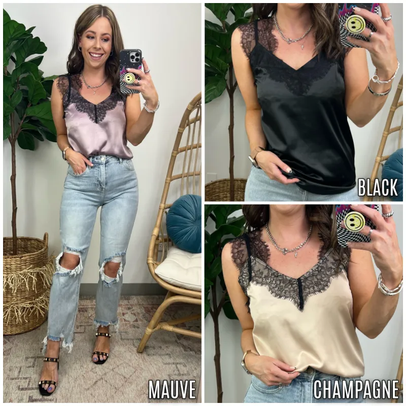 Timeless Fortunes Eyelash Lace Silk Tank Top sold by Madison + Mallory