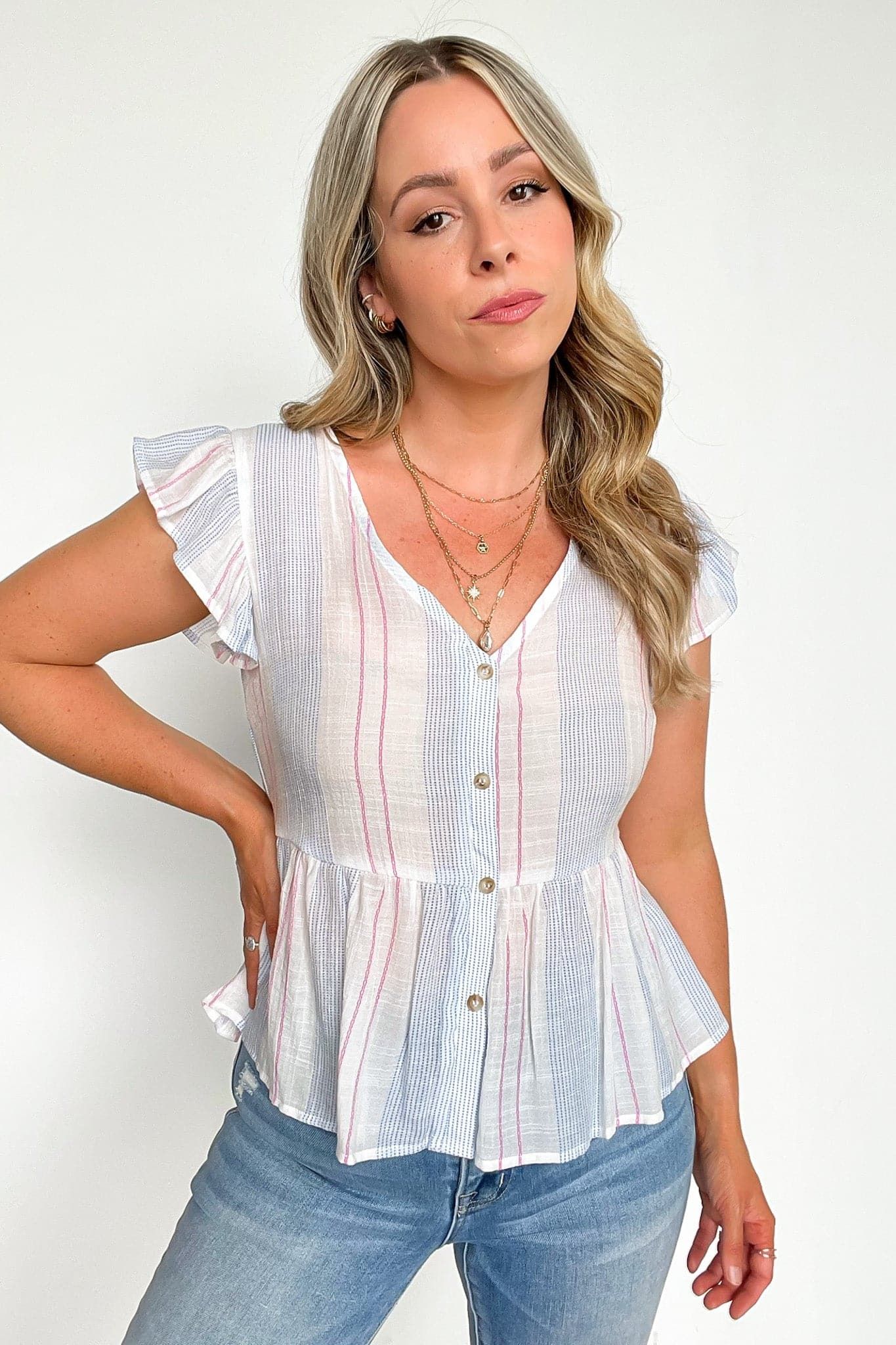 Daily Chic Button Down Striped Peplum Top - FINAL SALE sold by Madison + Mallory product image thumbnail 4