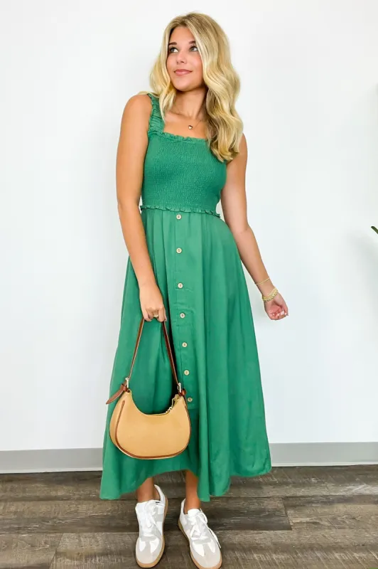 Simply Blissful Smocked Button Down Midi Dress sold by Madison + Mallory
