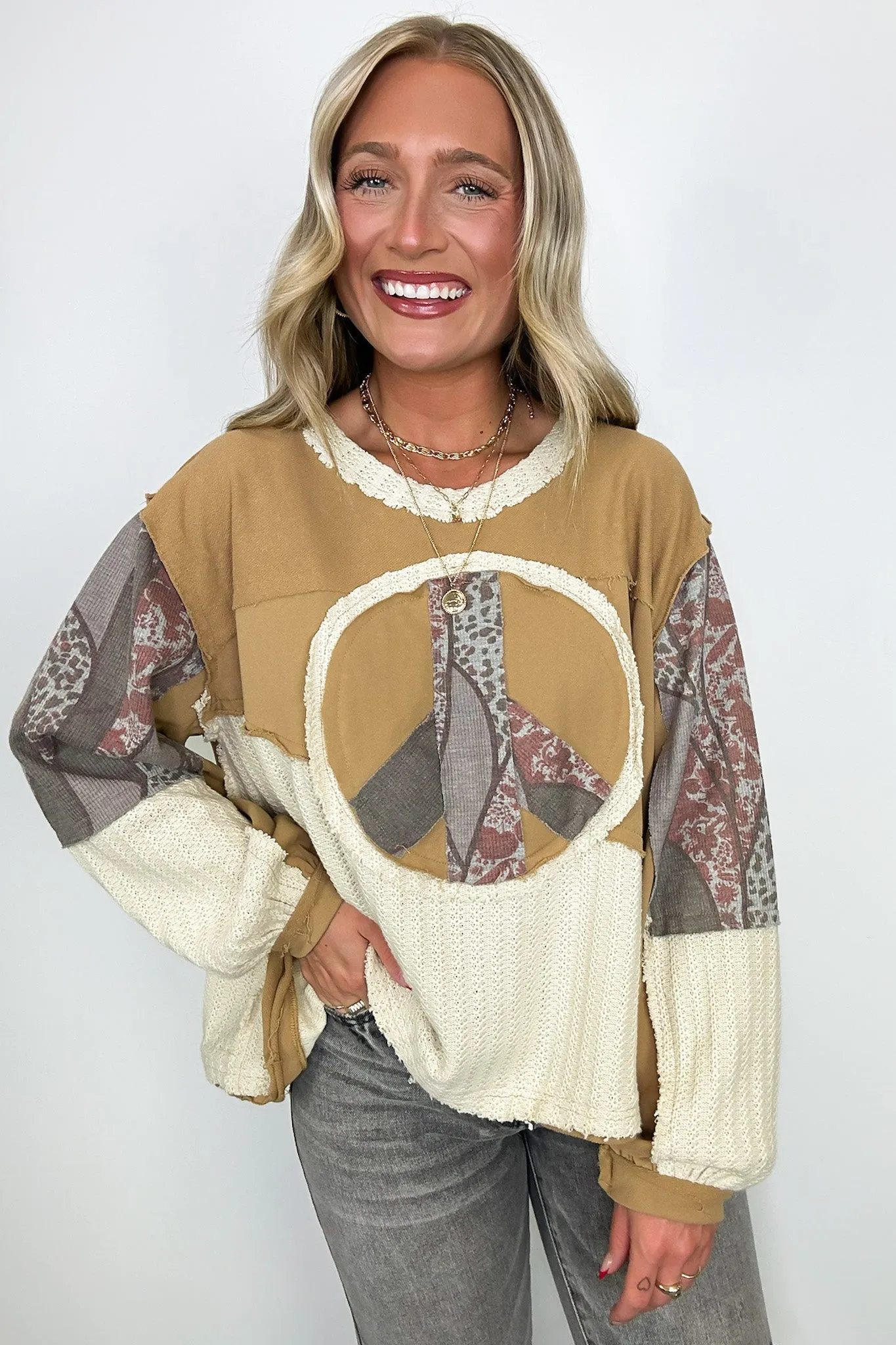 Peace Sign Patchwork Contrast Pullover sold by Madison + Mallory
