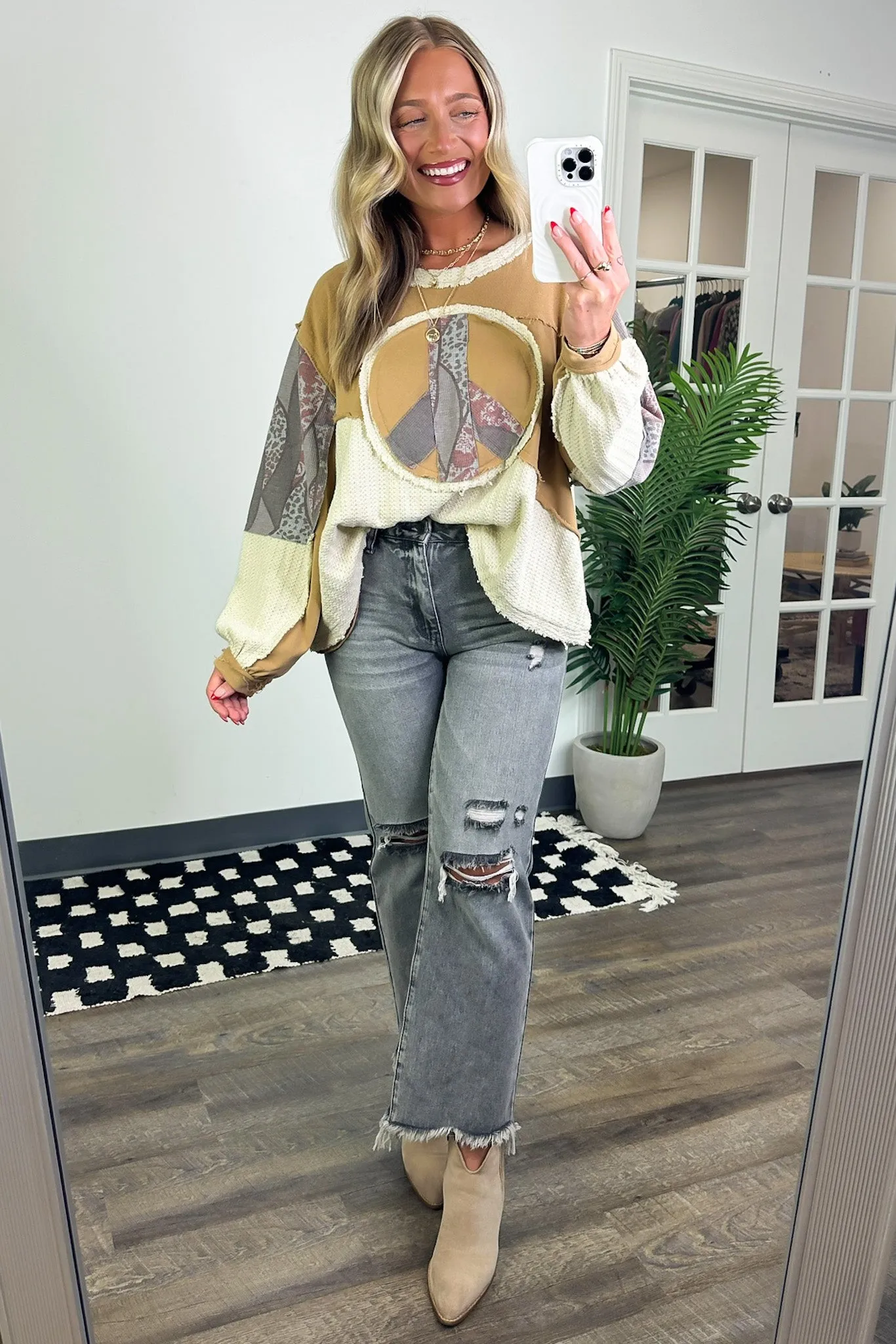 Peace Sign Patchwork Contrast Pullover sold by Madison + Mallory product image thumbnail 2