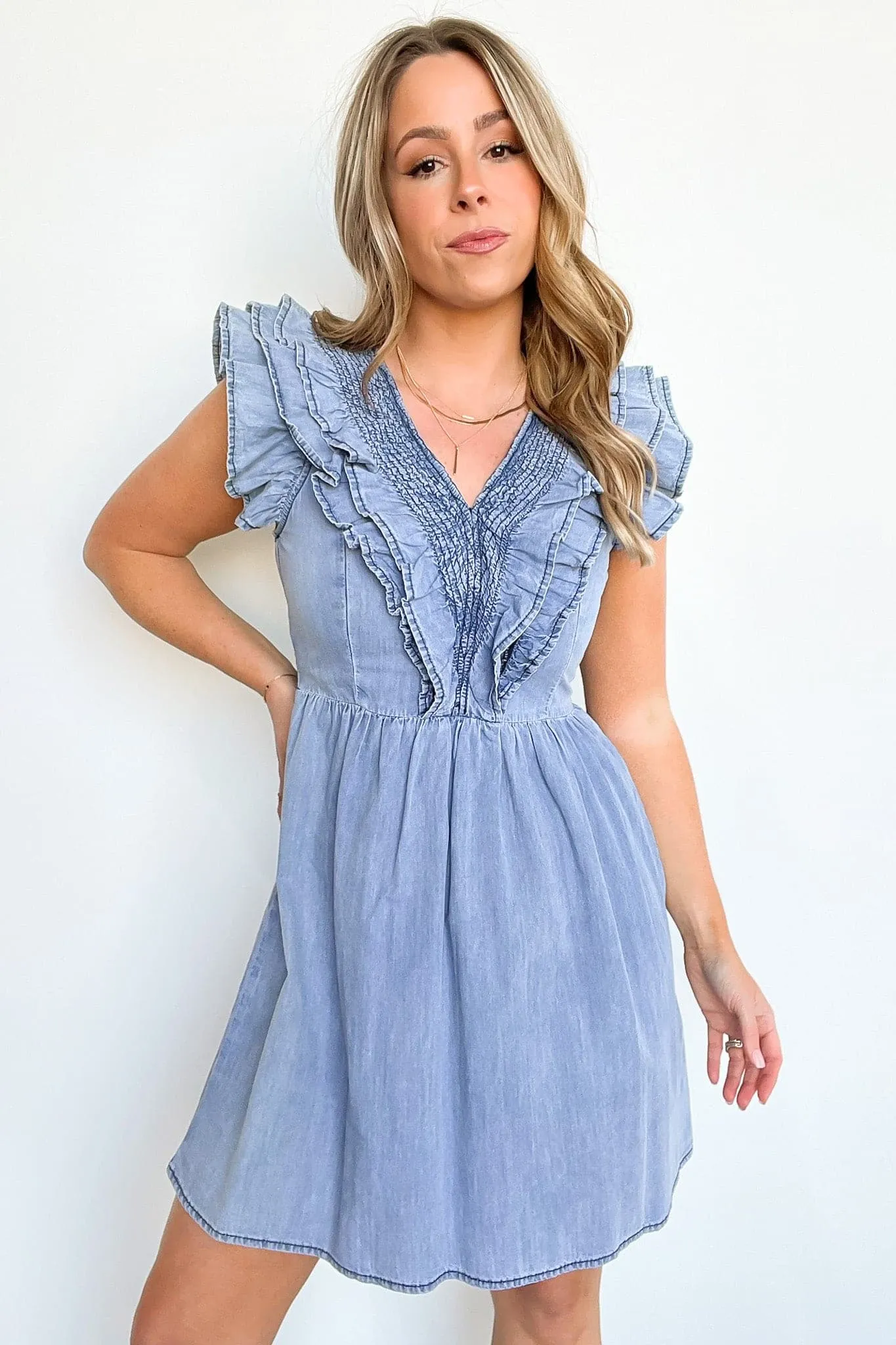 Raelle Ruffle Denim Dress - FINAL SALE sold by Madison + Mallory product image thumbnail 4