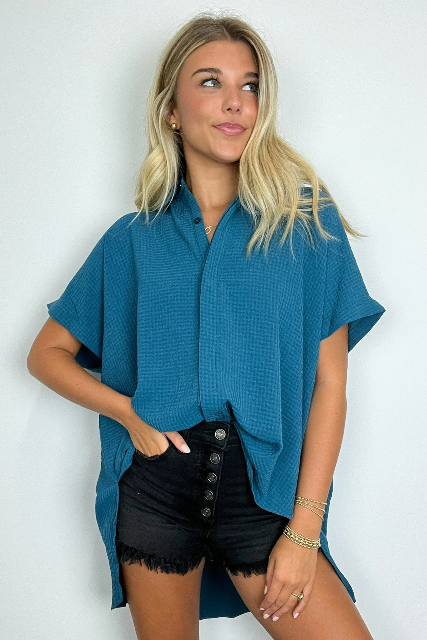 Soliene Textured Short Sleeve Button Down Top - FINAL SALE sold by Madison + Mallory product image thumbnail 2