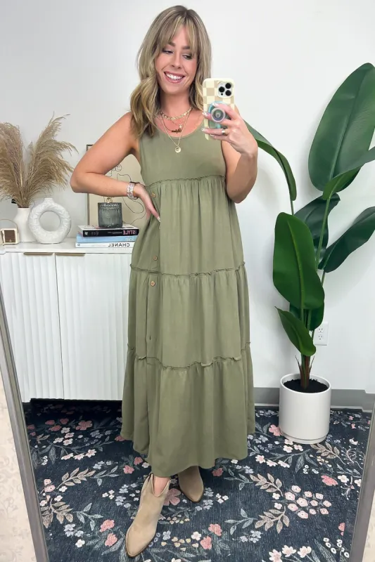 Cherished Poise Tiered Button Midi Dress sold by Madison + Mallory