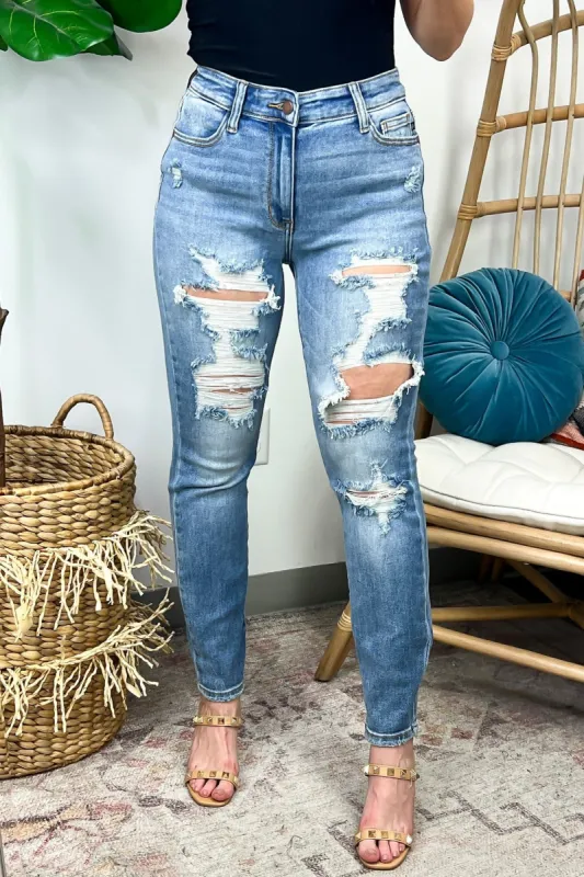 Calibri High Rise Distressed Boyfriend Jeans - JUDY BLUE made by Madison + Mallory