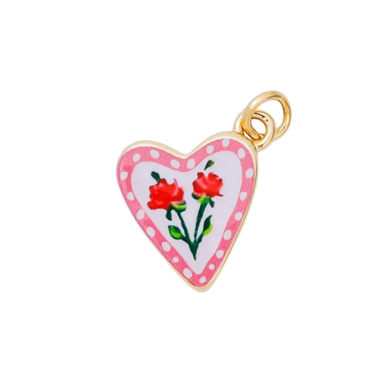 Pink Enamel Heart Charm with Roses made by Oceanne