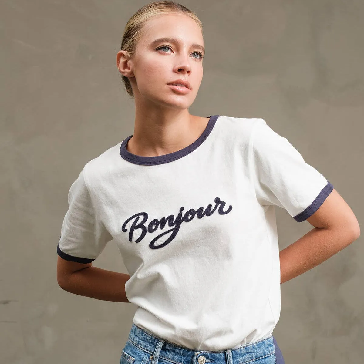 Bonjour Contrast Ringer Tee sold by Oceanne