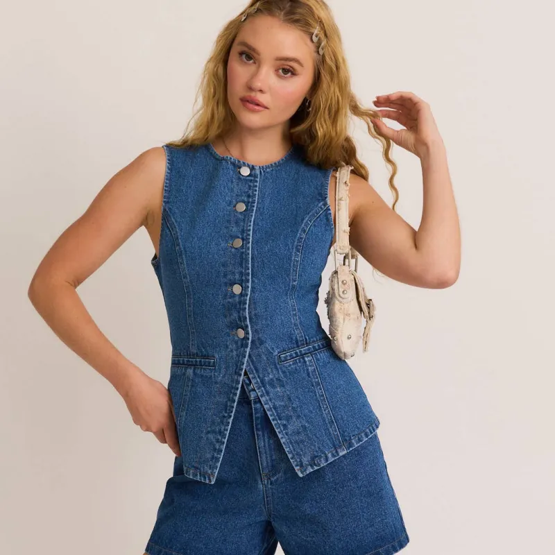 Button Front Sleeveless Dark Denim Top made by Le Lis