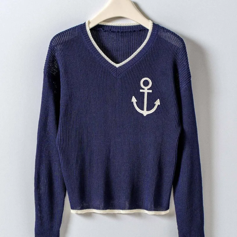 Nautical Anchor V-Neck Knit Top made by Oceanne