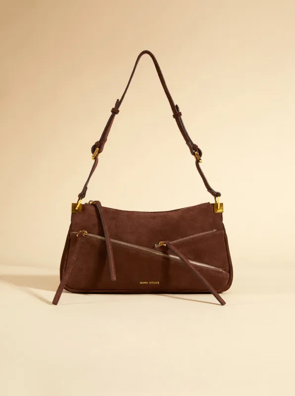 Three Zipped Baguette Chocolate Suede sold by Manu Atelier