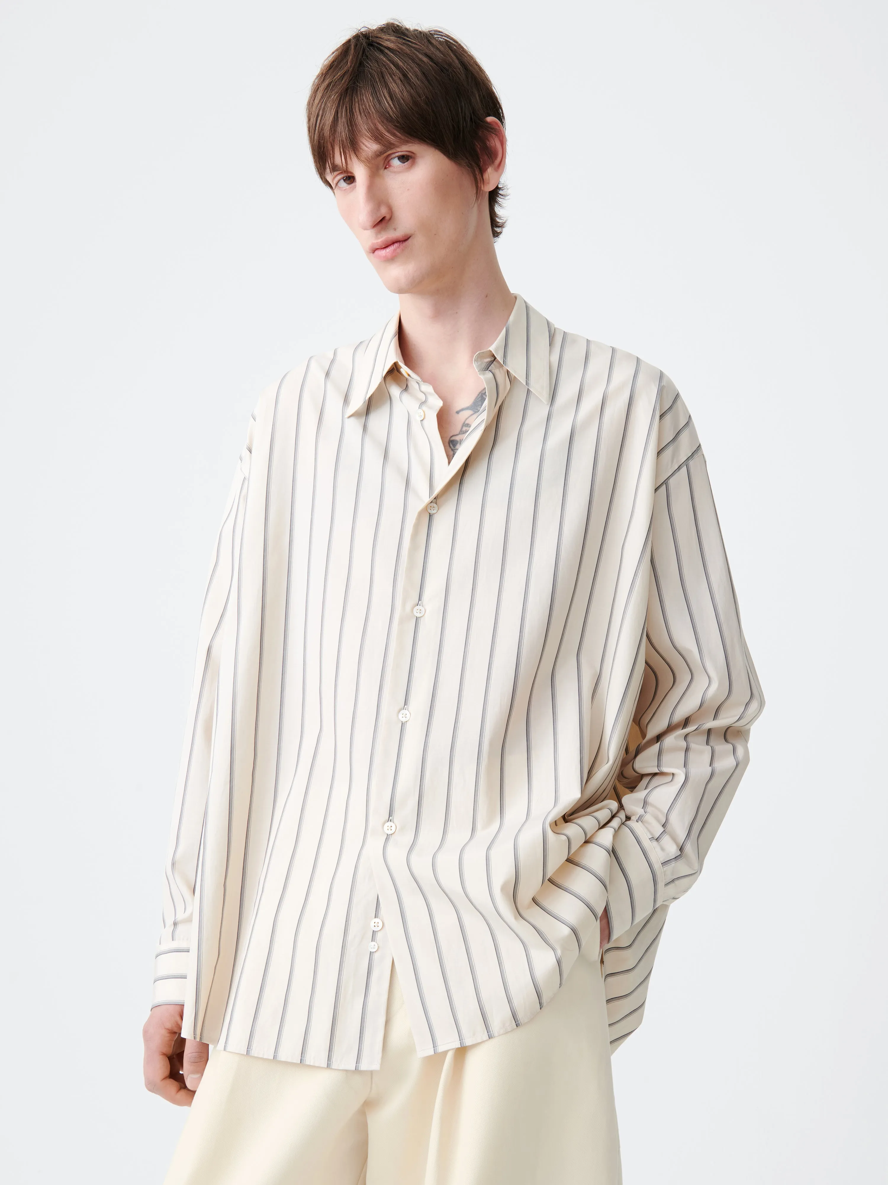 Loche Shirt in Plaster Stripe sold by Studio Nicholson