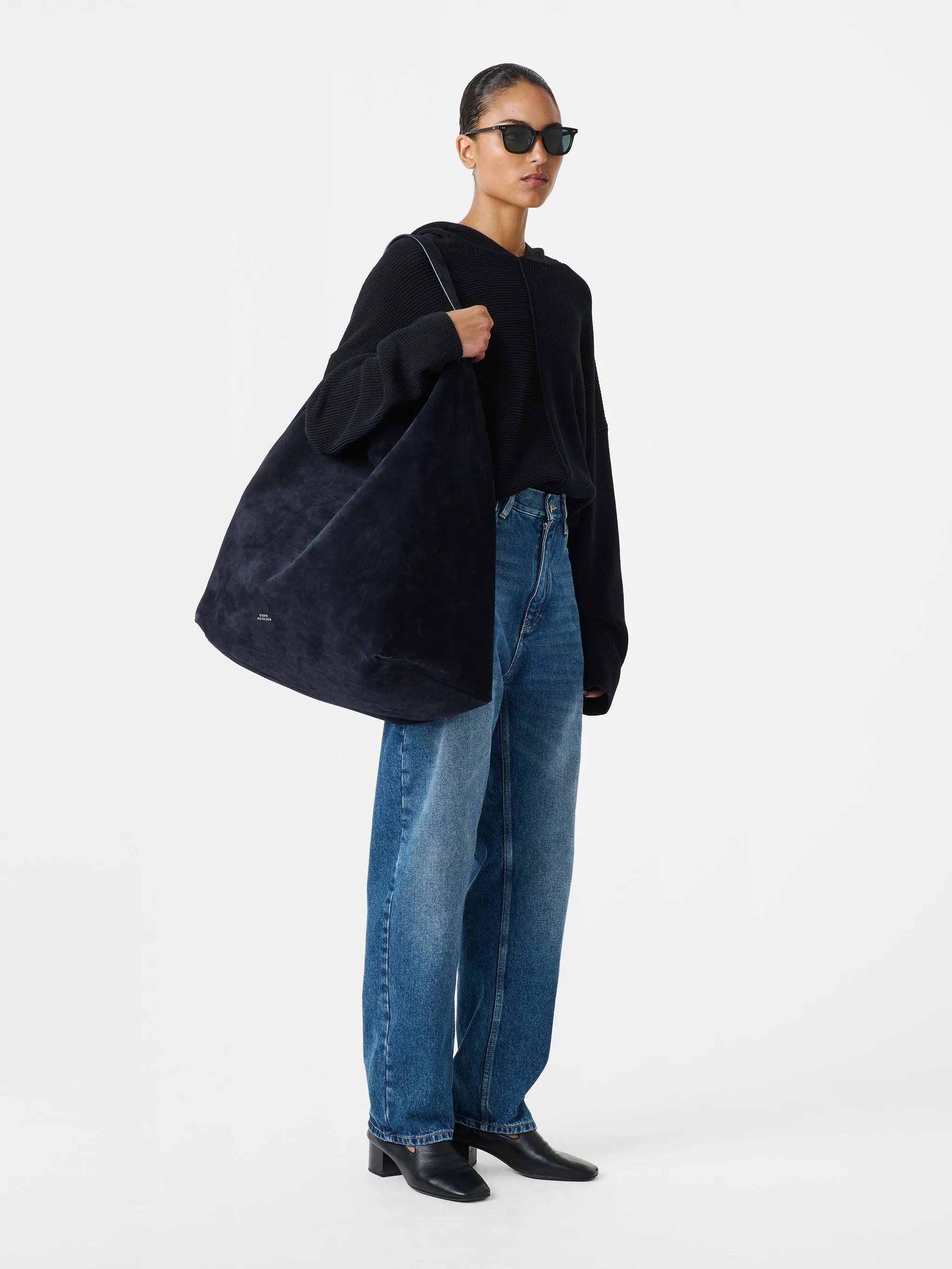 Hobo Type 2 Suede Bag in Darkest Navy sold by Studio Nicholson