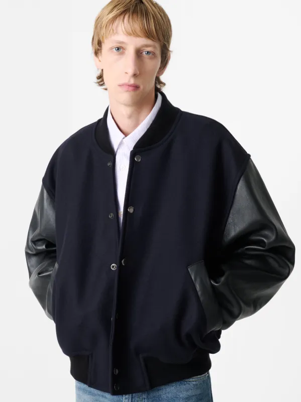 Alph Leather Bomber Jacket in Darkest Navy made by Studio Nicholson