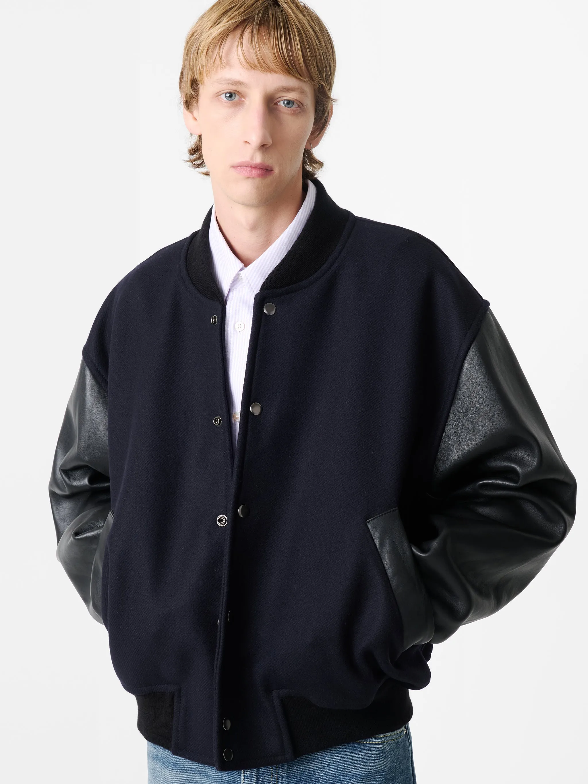Alph Leather Bomber Jacket in Darkest Navy sold by Studio Nicholson