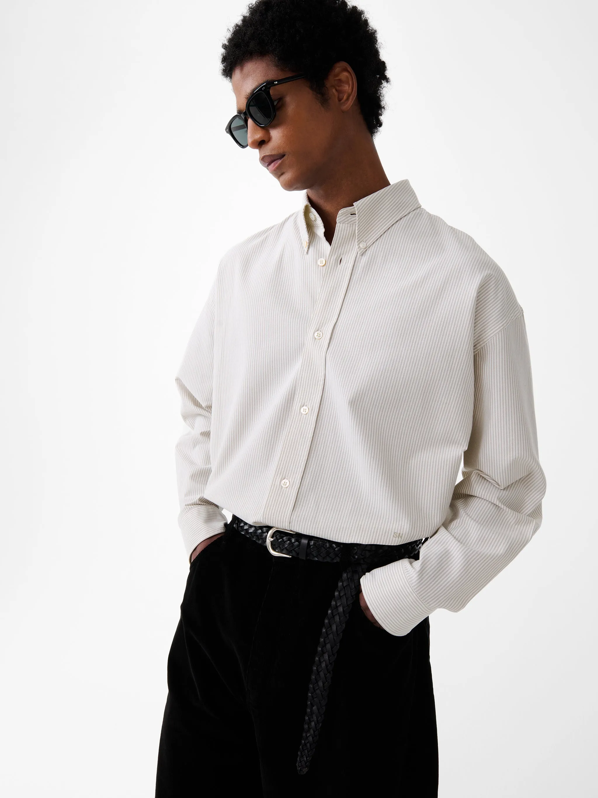 Ruskin Shirt in Khaki Stripe sold by Studio Nicholson