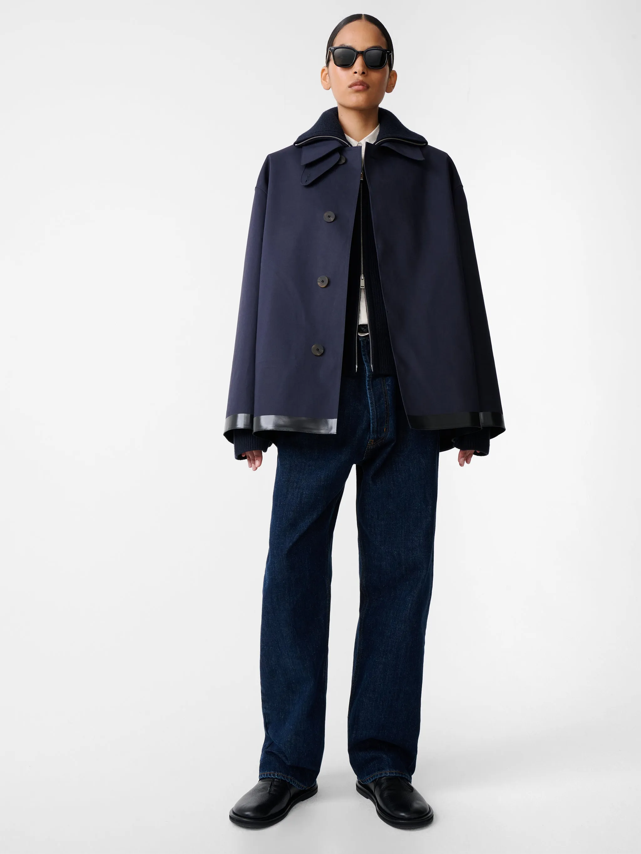 SN x Mackintosh Teviot Short Mac Coat in Navy sold by Studio Nicholson