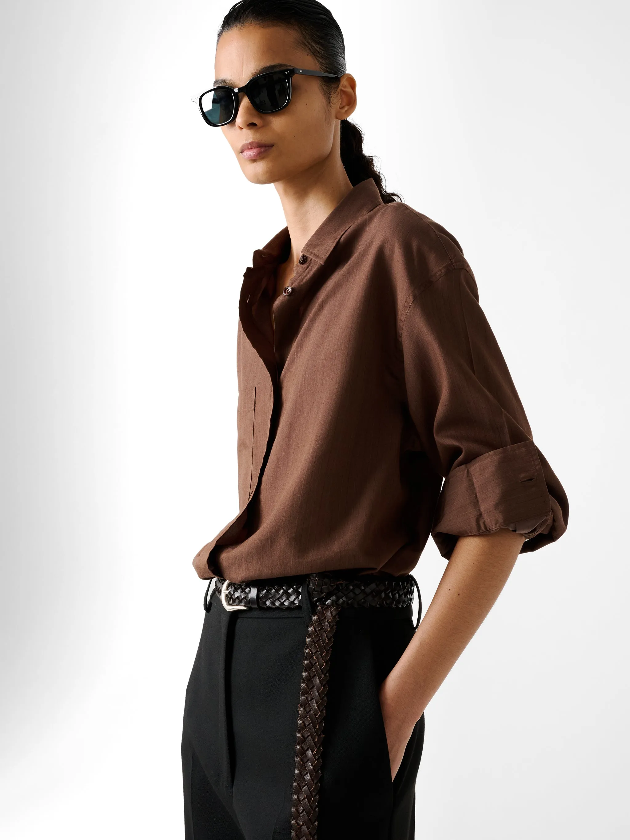 Leto Stripe Shirt in Brown sold by Studio Nicholson