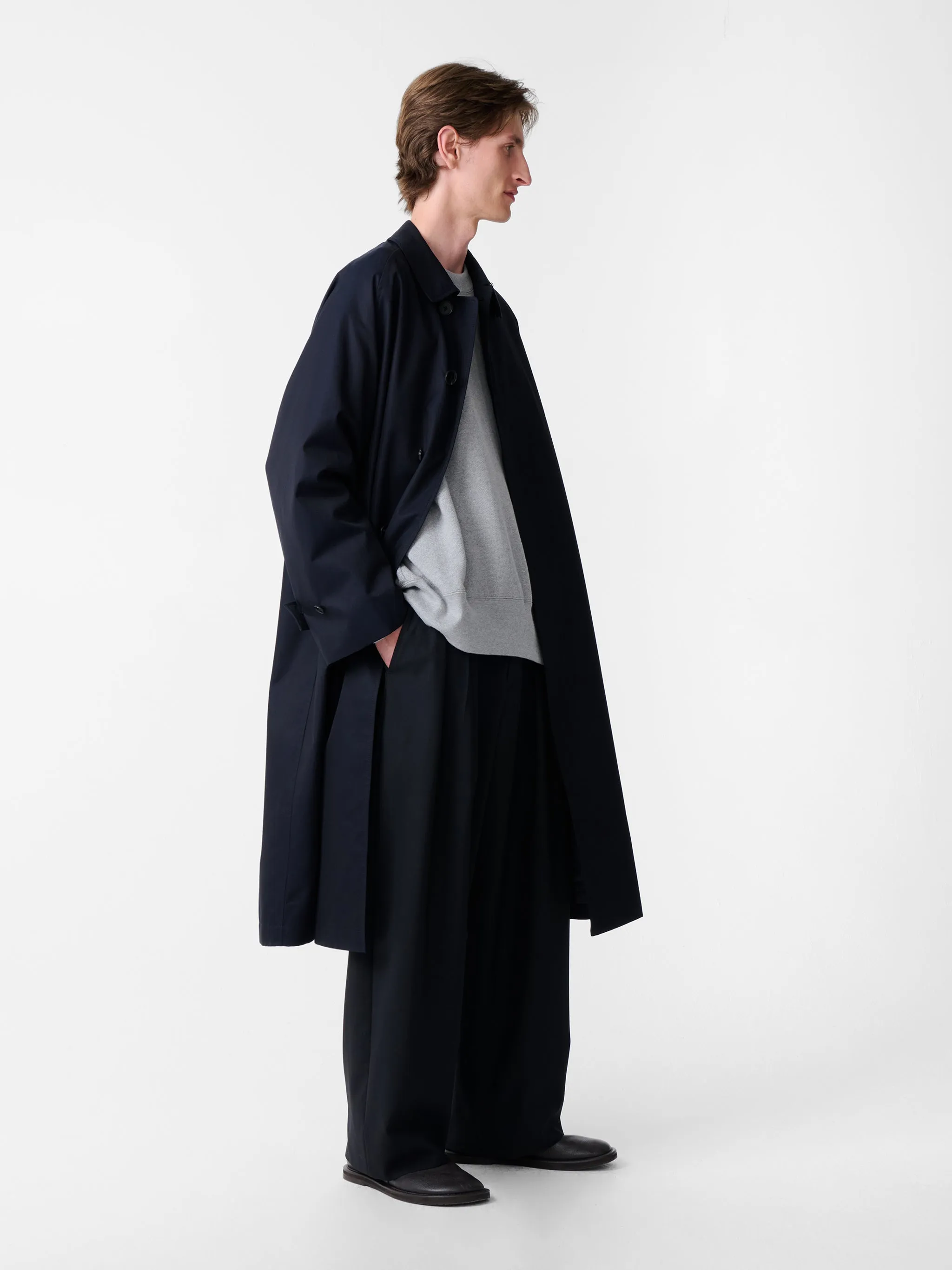 SN X BEAMS Plus Peter Coat in Darkest Navy sold by Studio Nicholson