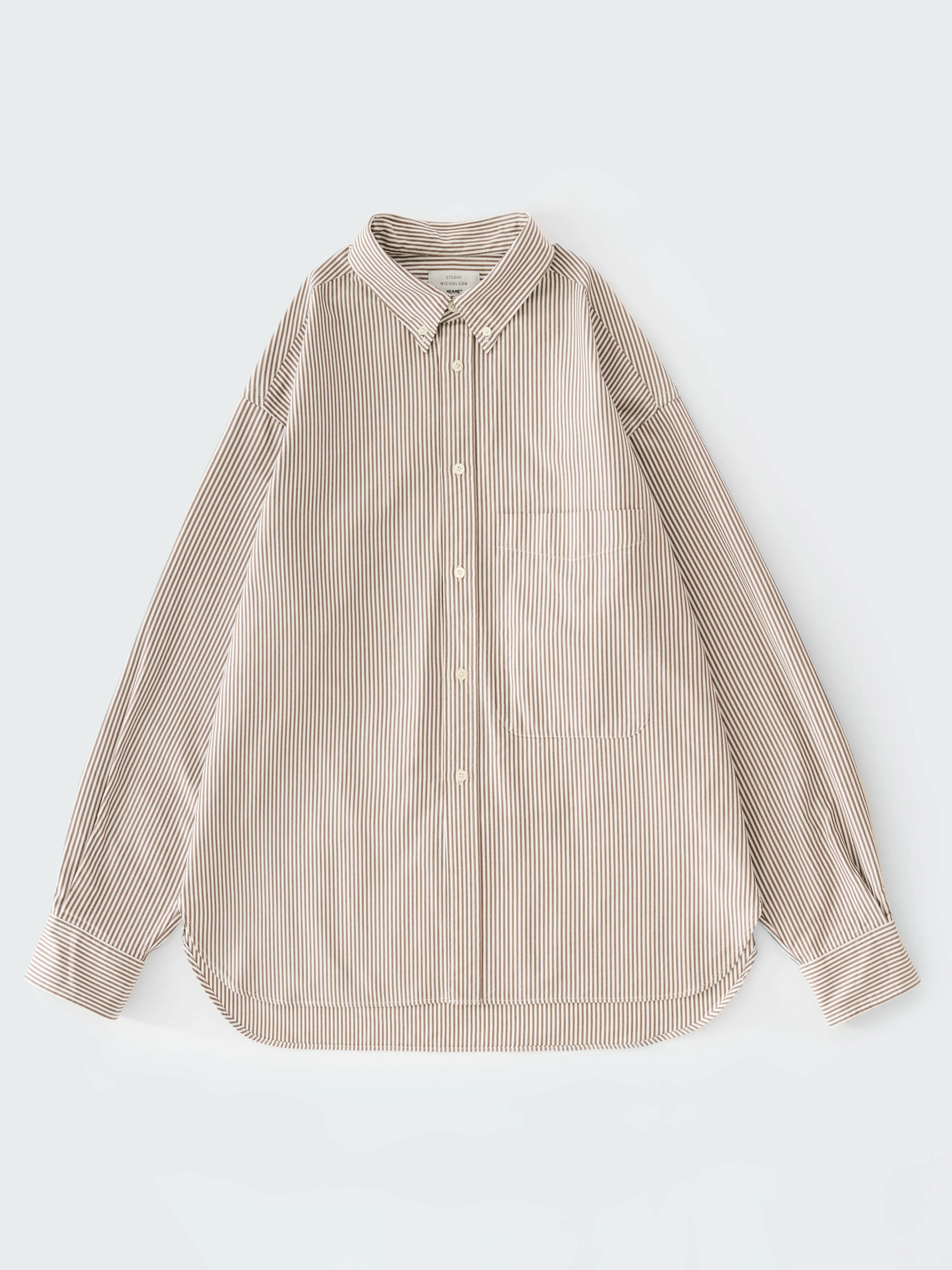 SN X BEAMS Plus Lisa Oxford Shirt in Brown White Stripe sold by Studio Nicholson