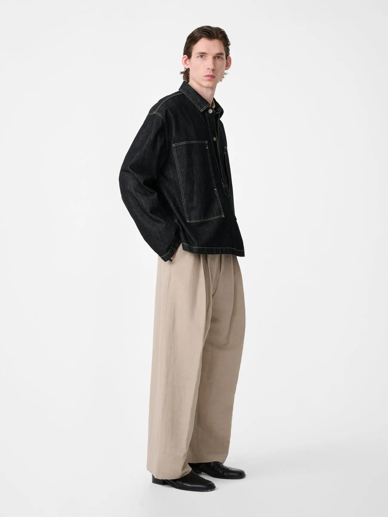 York Denim Polo Shirt in Black / White Weft sold by Studio Nicholson product image thumbnail 2