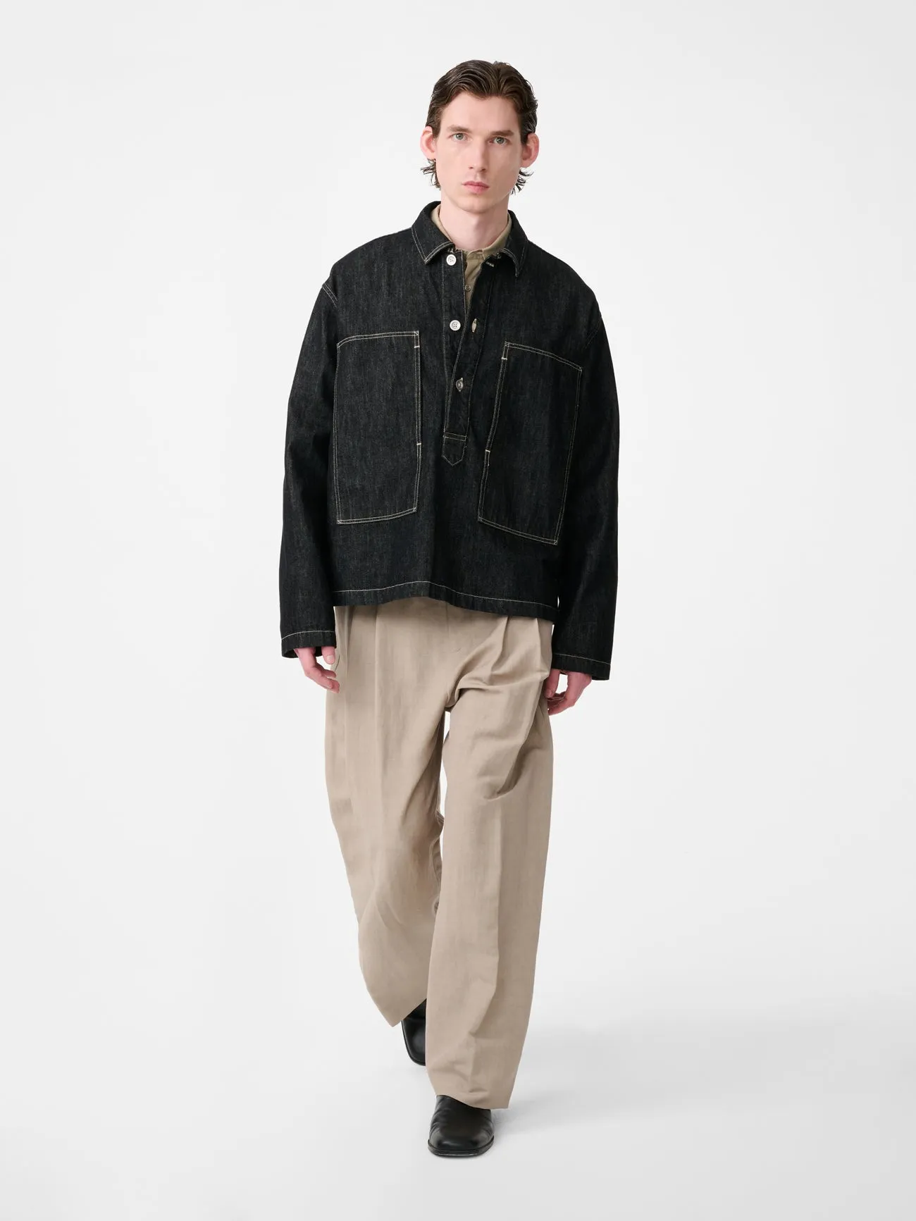York Denim Polo Shirt in Black / White Weft sold by Studio Nicholson product image thumbnail 3