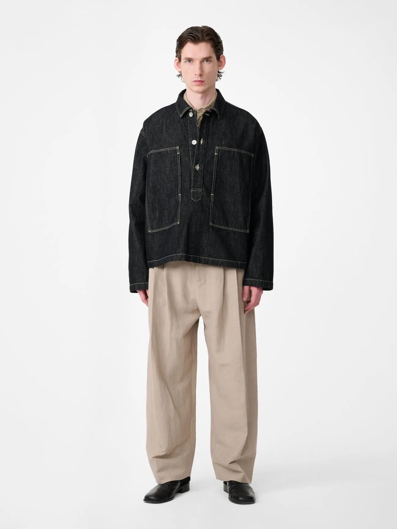 York Denim Polo Shirt in Black / White Weft sold by Studio Nicholson product image thumbnail 4