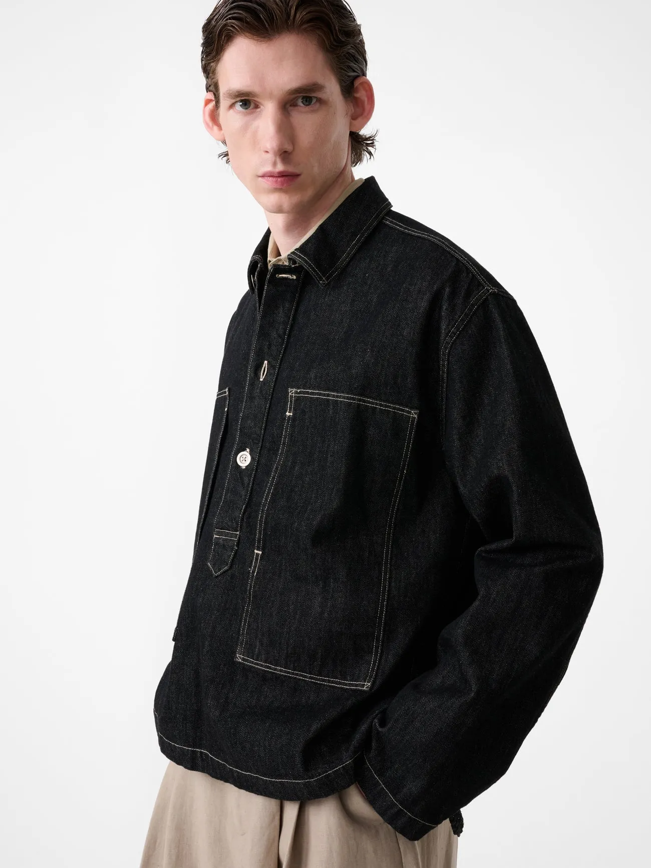 York Denim Polo Shirt in Black / White Weft sold by Studio Nicholson