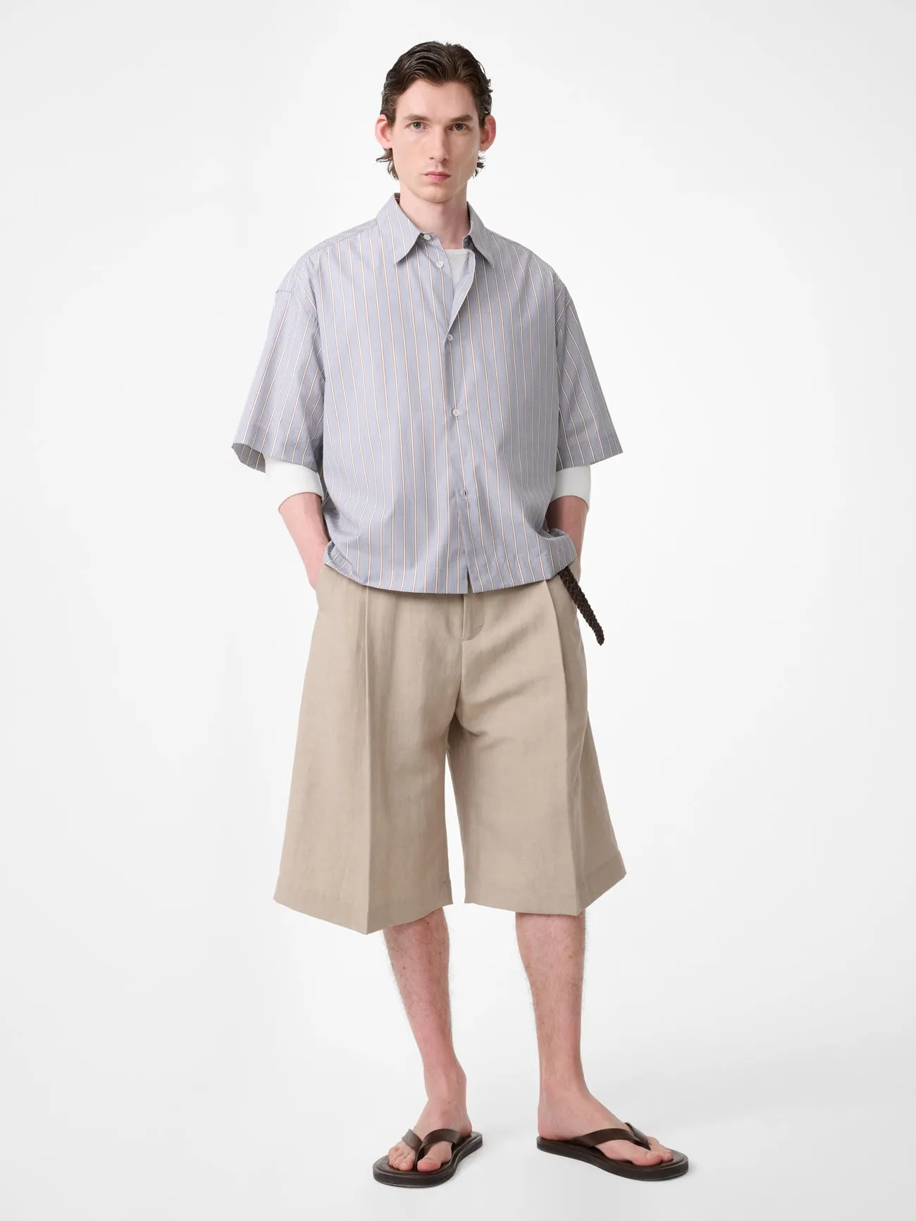 Sanko Short Sleeve Shirt in Grey / Brown Stripe sold by Studio Nicholson product image thumbnail 3