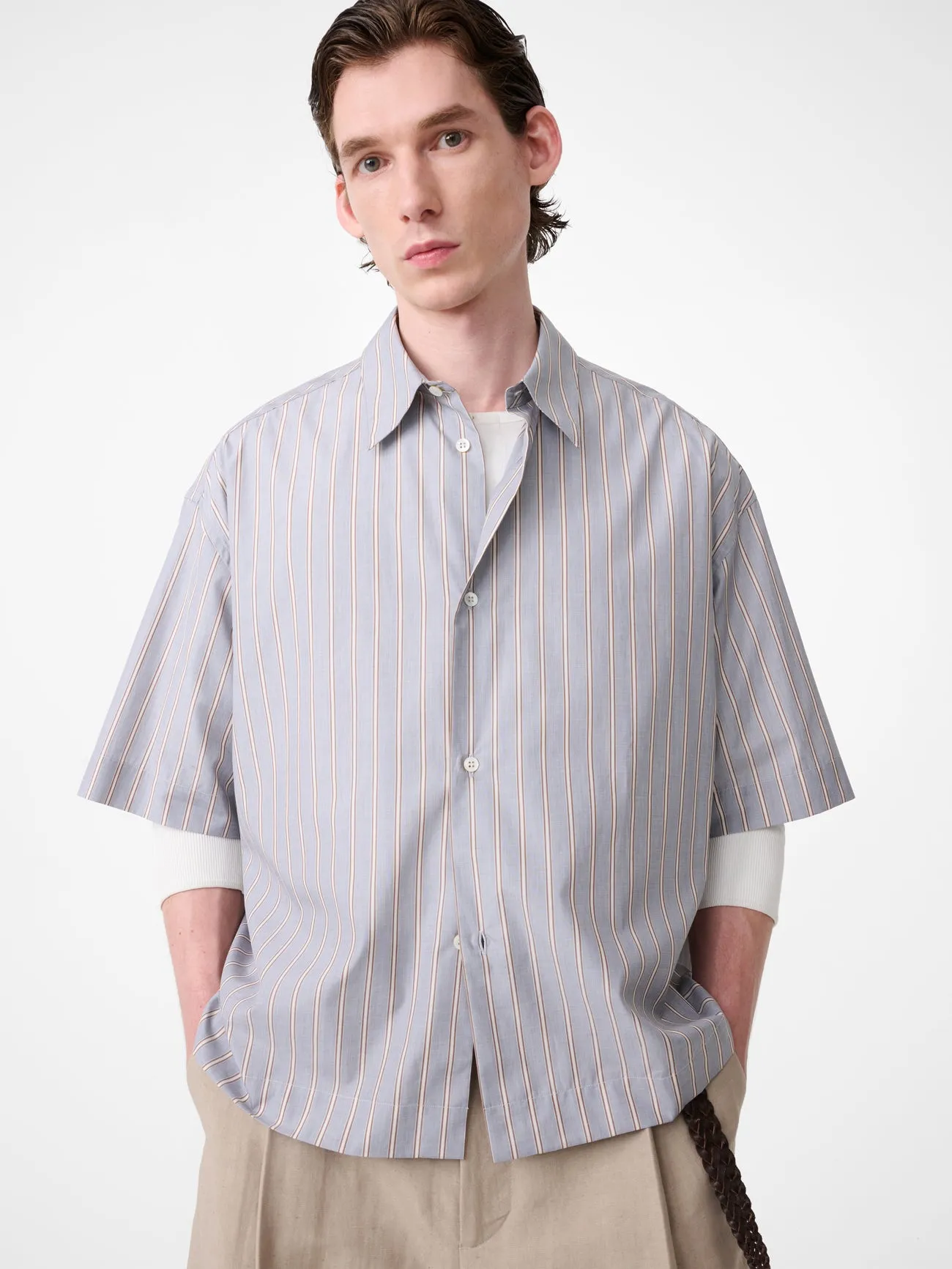 Sanko Short Sleeve Shirt in Grey / Brown Stripe sold by Studio Nicholson