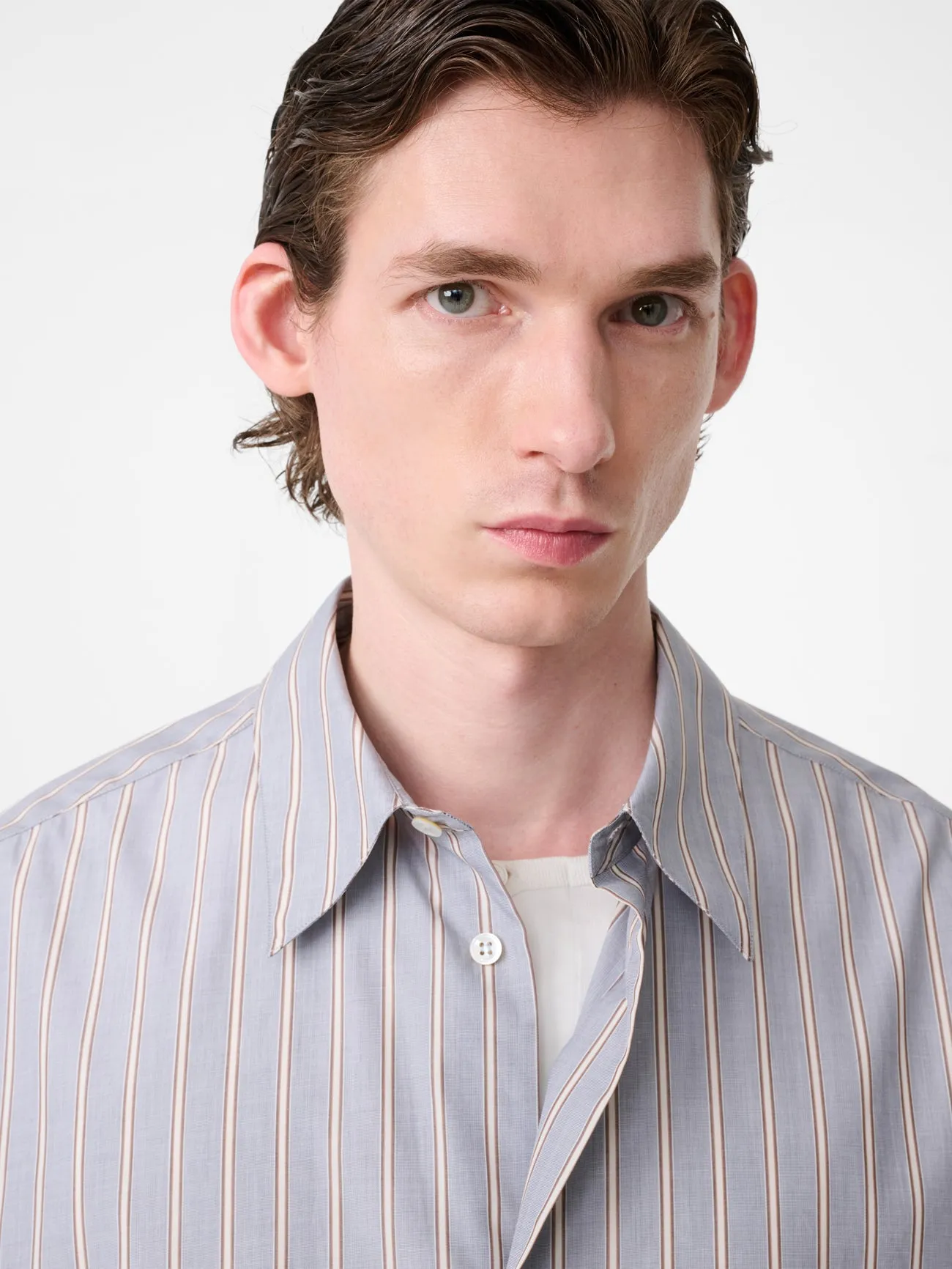 Sanko Short Sleeve Shirt in Grey / Brown Stripe sold by Studio Nicholson product image thumbnail 5