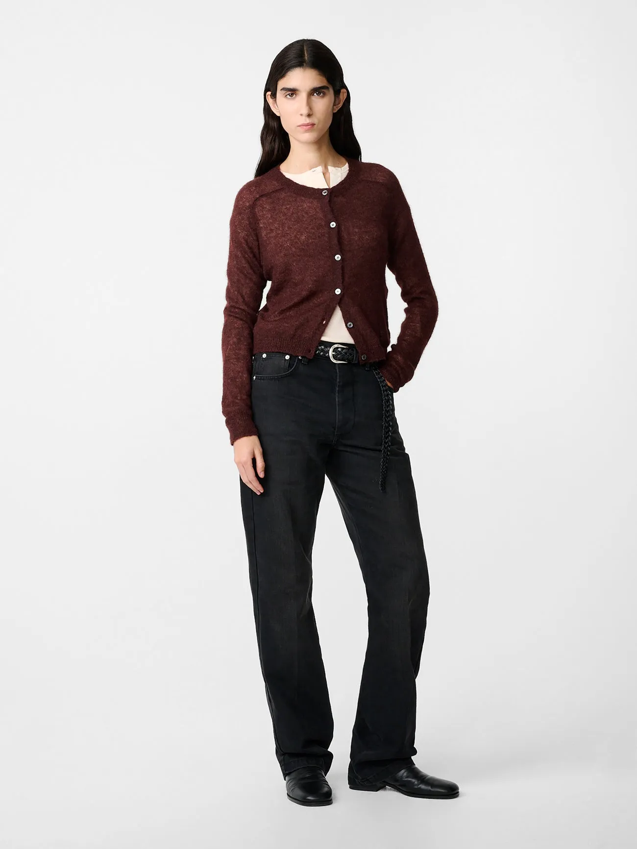 Iska Cardigan in Mulberry sold by Studio Nicholson